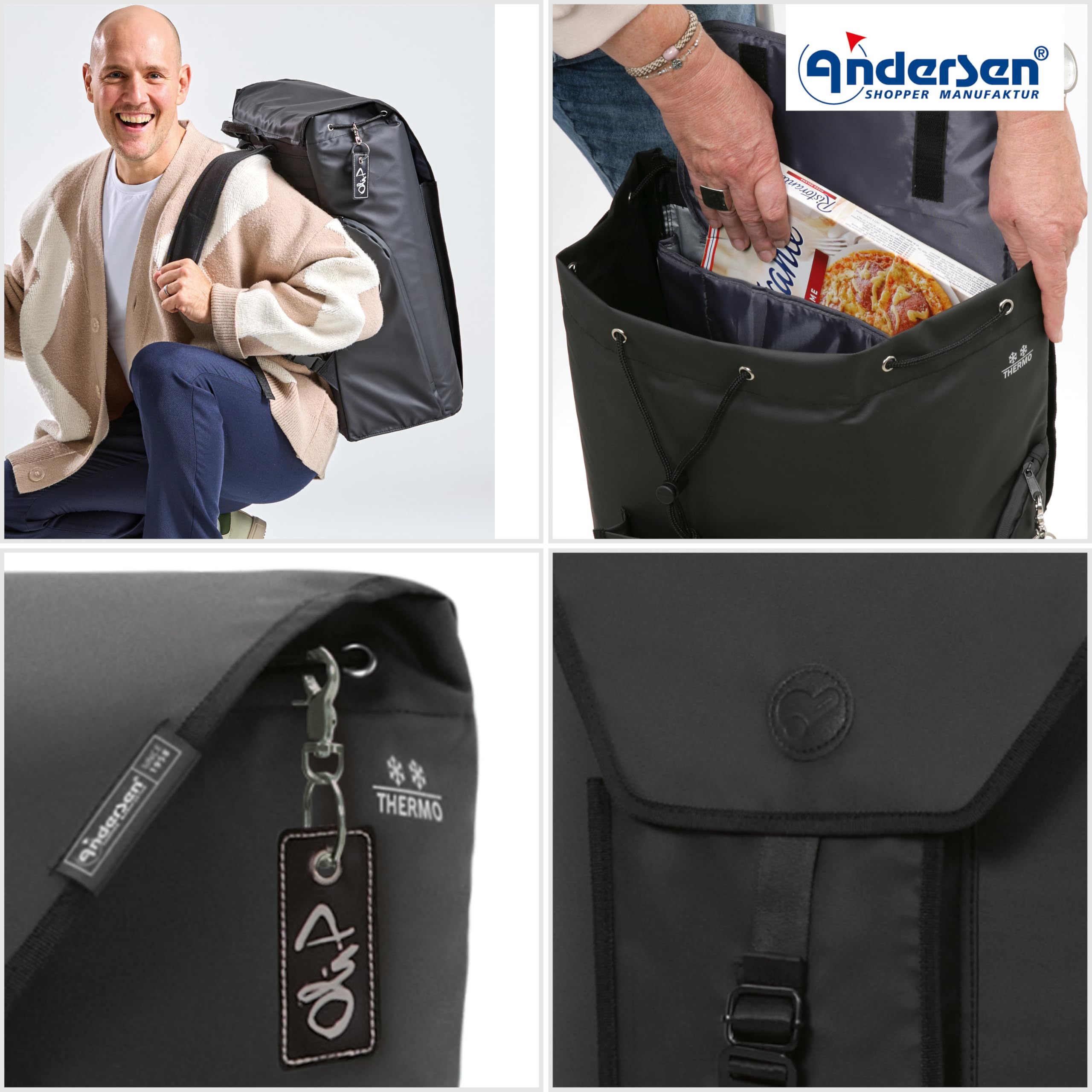 ANDERSEN Wózek na zakupy – Royal Shopper Oli.P 3.0 czarny wózek na zakupy 50 l, wysokiej jakości, plecak, termo, aluminium, składany, pneumatyczne koło do łożysk kulkowych