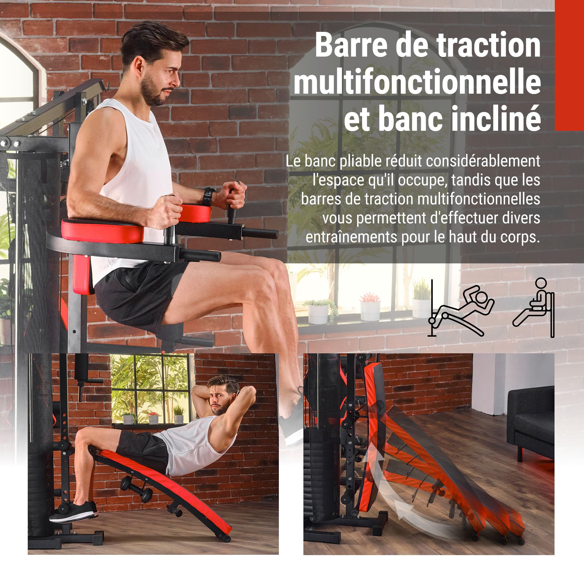 HOP-Sport® Station de Musculation Multifonction HS-1054K, Appareil avec 3 Positions 72kg, Banc d'entraînement, Sac et Gants de Boxe, Module Papillon, Barre de Traction, Poulie Haute, Haltères 2x1,5kg