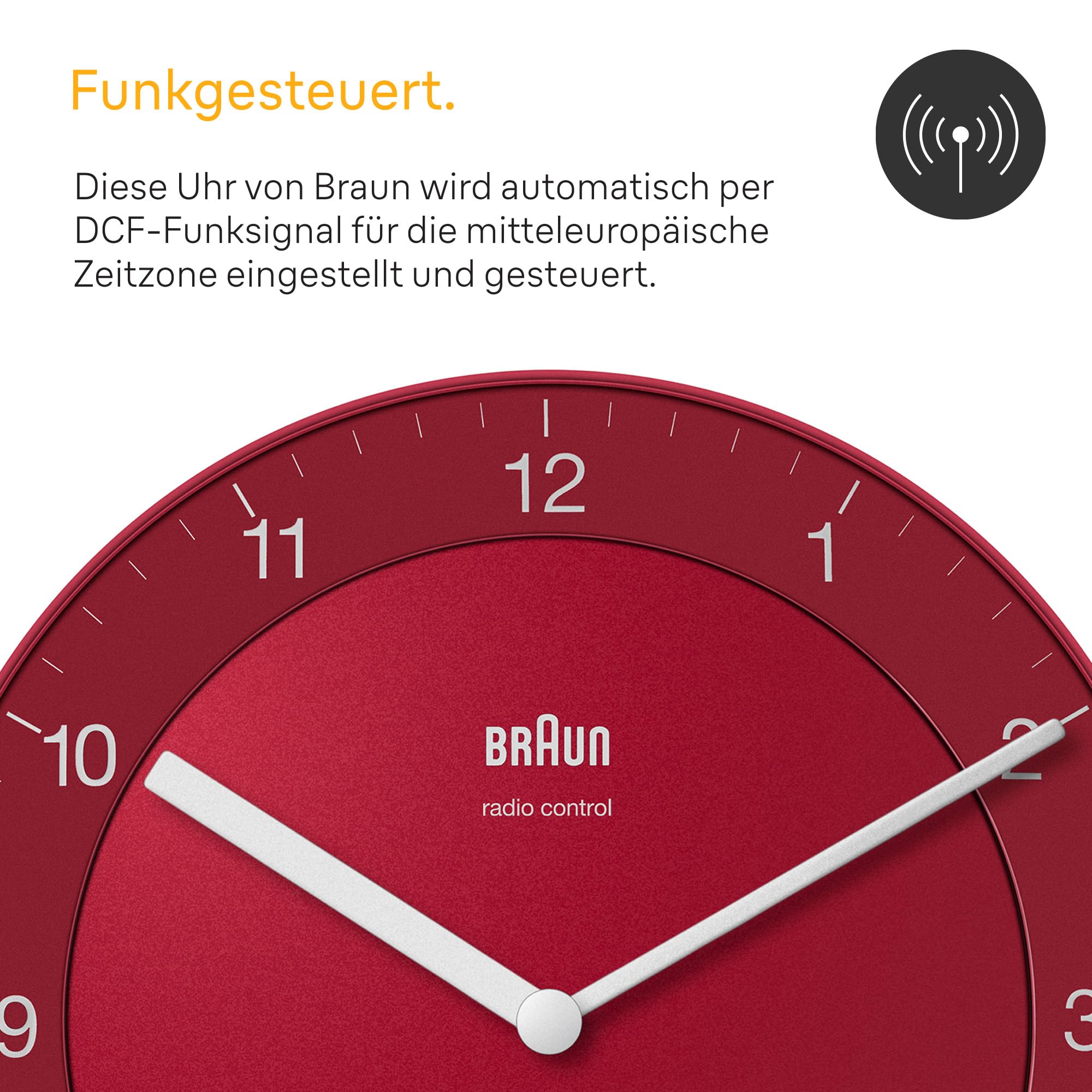 Braun Klassische Funkwanduhr Mitteleuropäische Zeitzone (MEZ/GMT+1) mit ruhigem Uhrwerk, leicht lesbarem Zifferblatt mit 20 cm Durchmesser in Rot, Modell BC06R-DCF.