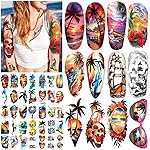 77 Sheets Temporary Tattoo for Women and Men, 17 Sheets Half Arm Beach Flower Skull Sunset Fake Tattoos, 60 Sheets Holiday Ocean Tiny for Adults Kids Body Tattoos Stickers Waterproof Realistic