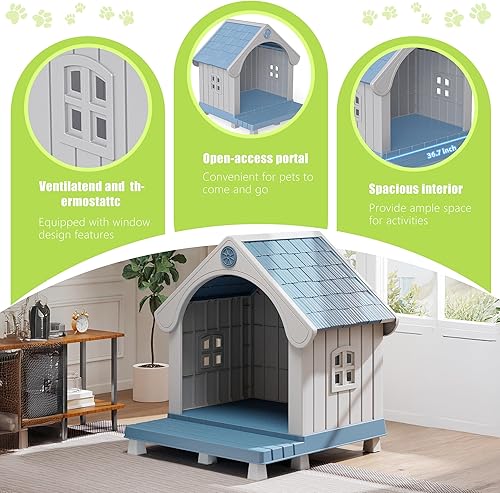 Miniatura 4 de DRATO Caseta para perros de resina con bonito diseño elegante y suelo elevado extendido, casas para perros grandes fuera de la intemperie para uso