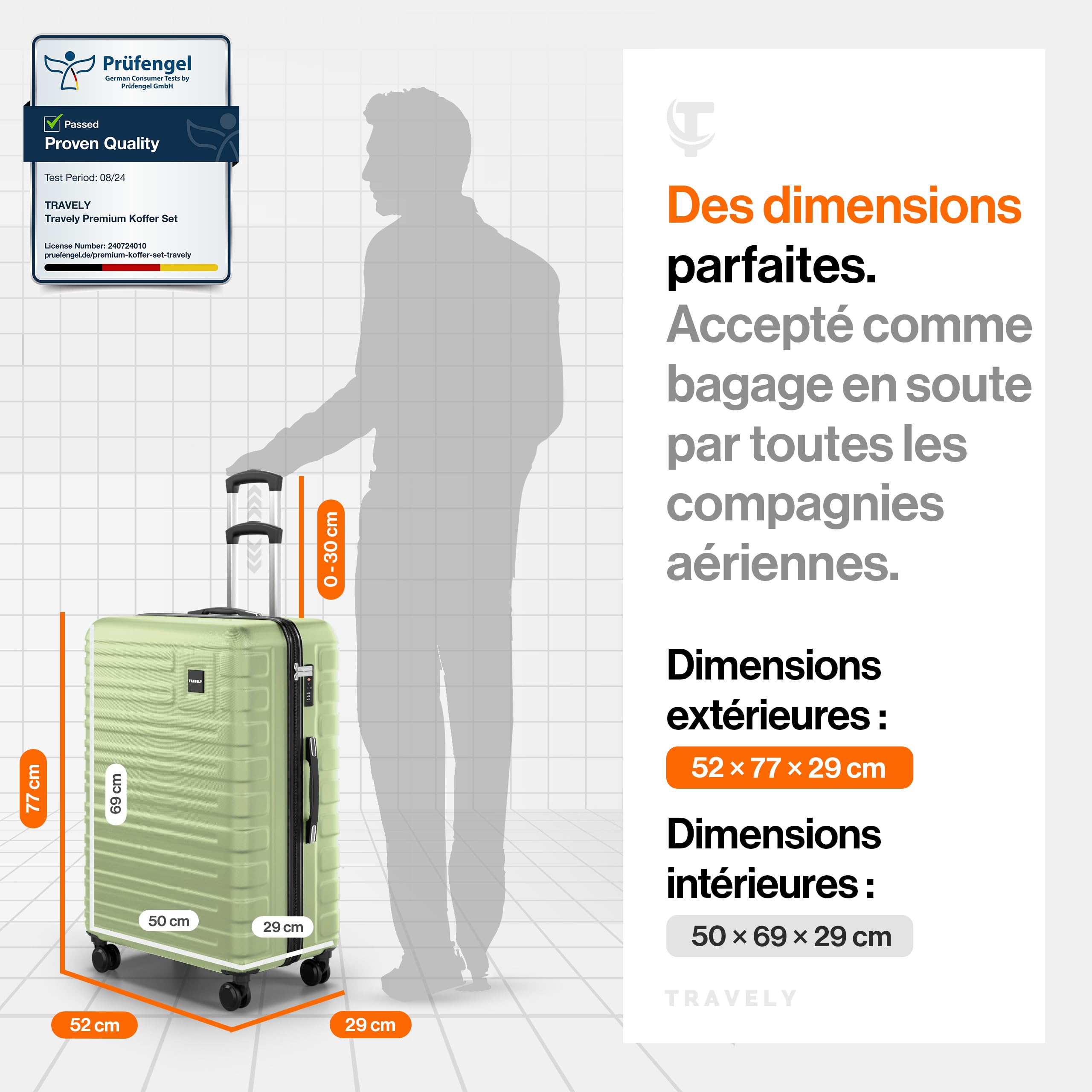 Travely Valise en Polycarbonate, Taille XL, 77 cm, Volume intérieur 100 L, Dimensions 158 cm, Valise à Coque Rigide très Robuste avec roulettes Souples et Serrure TSA, Valises, Valises à roulettes