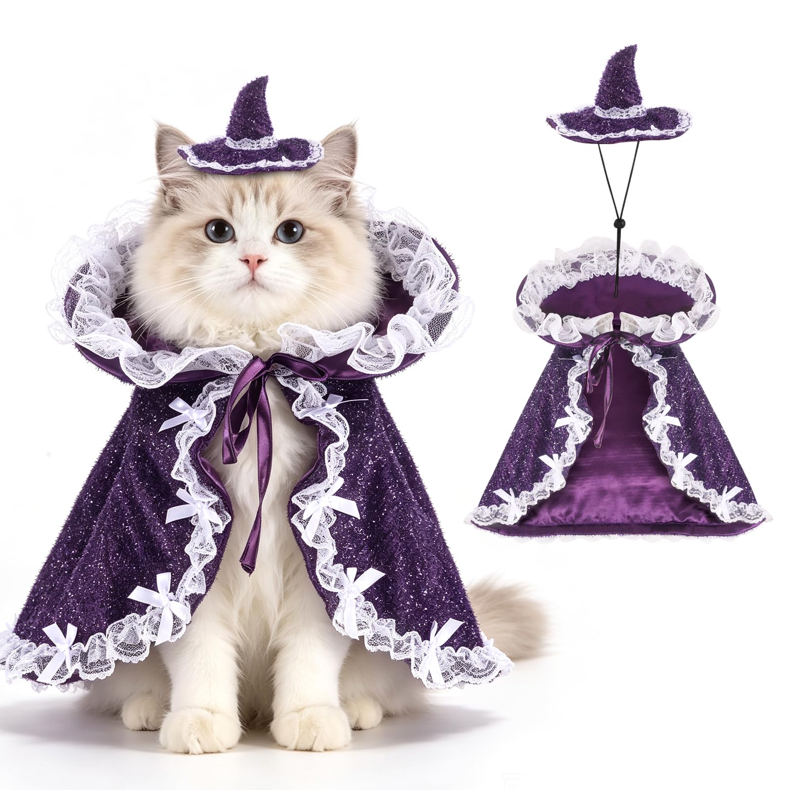 QKURT Cat Halloween Costume with Hat, Pet Dog Kitten Shiny Halloween Outfit