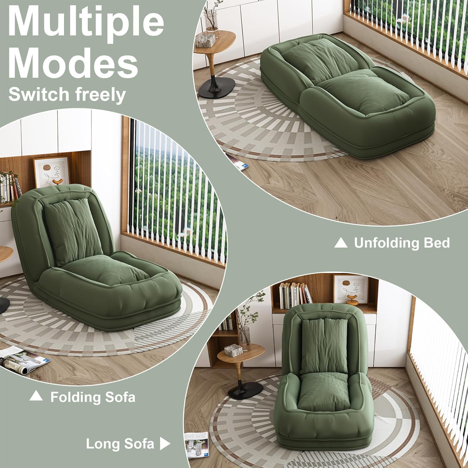 Human Dog Bed, Convertible Lazy Sofa Bed Floor Chair with 5 Adjustable Position, Lazy Floor Lounger with 2 Soft Pillows, for Bedroom, Living Room (Green)