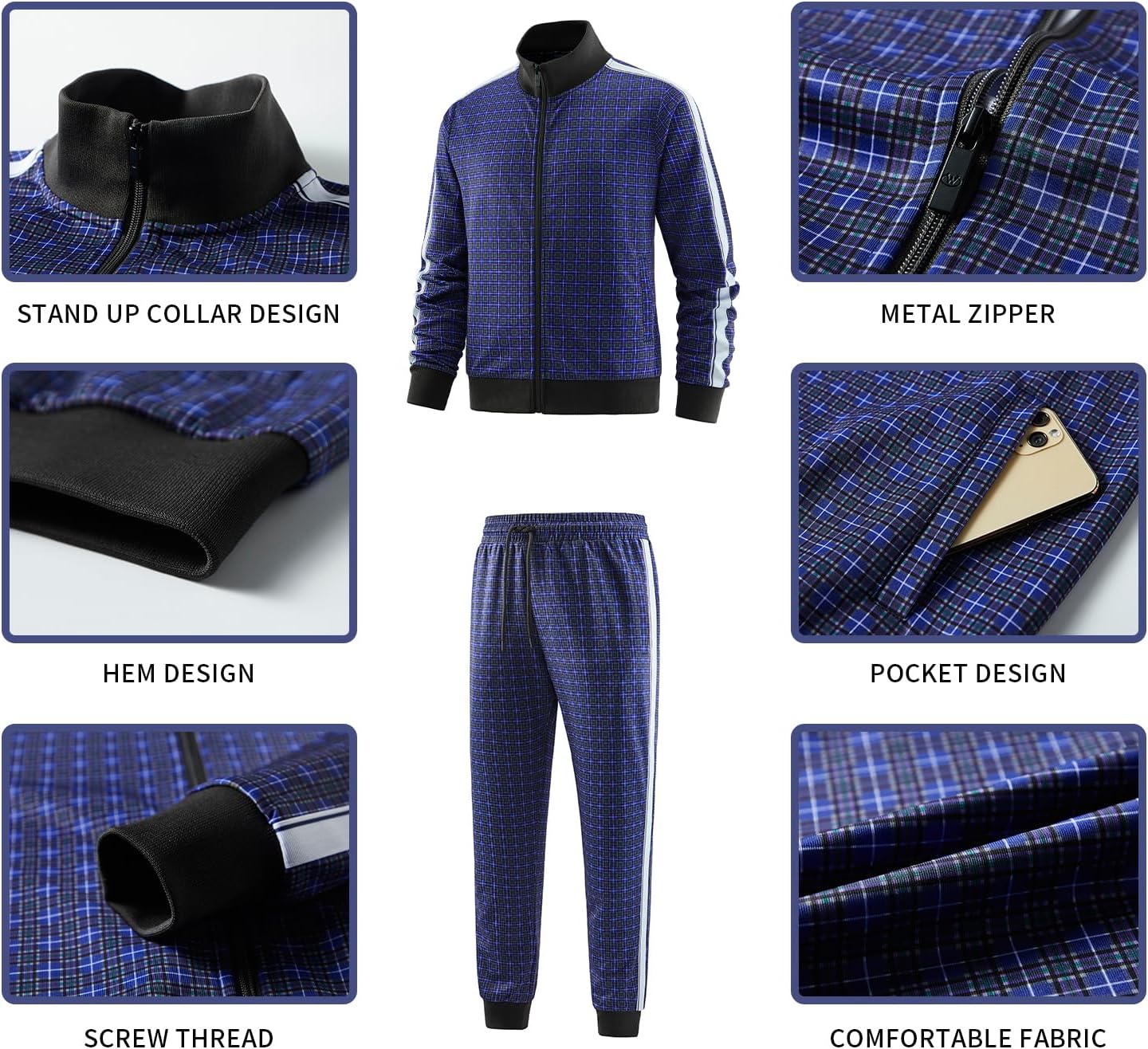 Men's Track Suits 2 Piece Stand-up Collar Long Sleeve with Double Side Pockets Jacket and Sweatpants