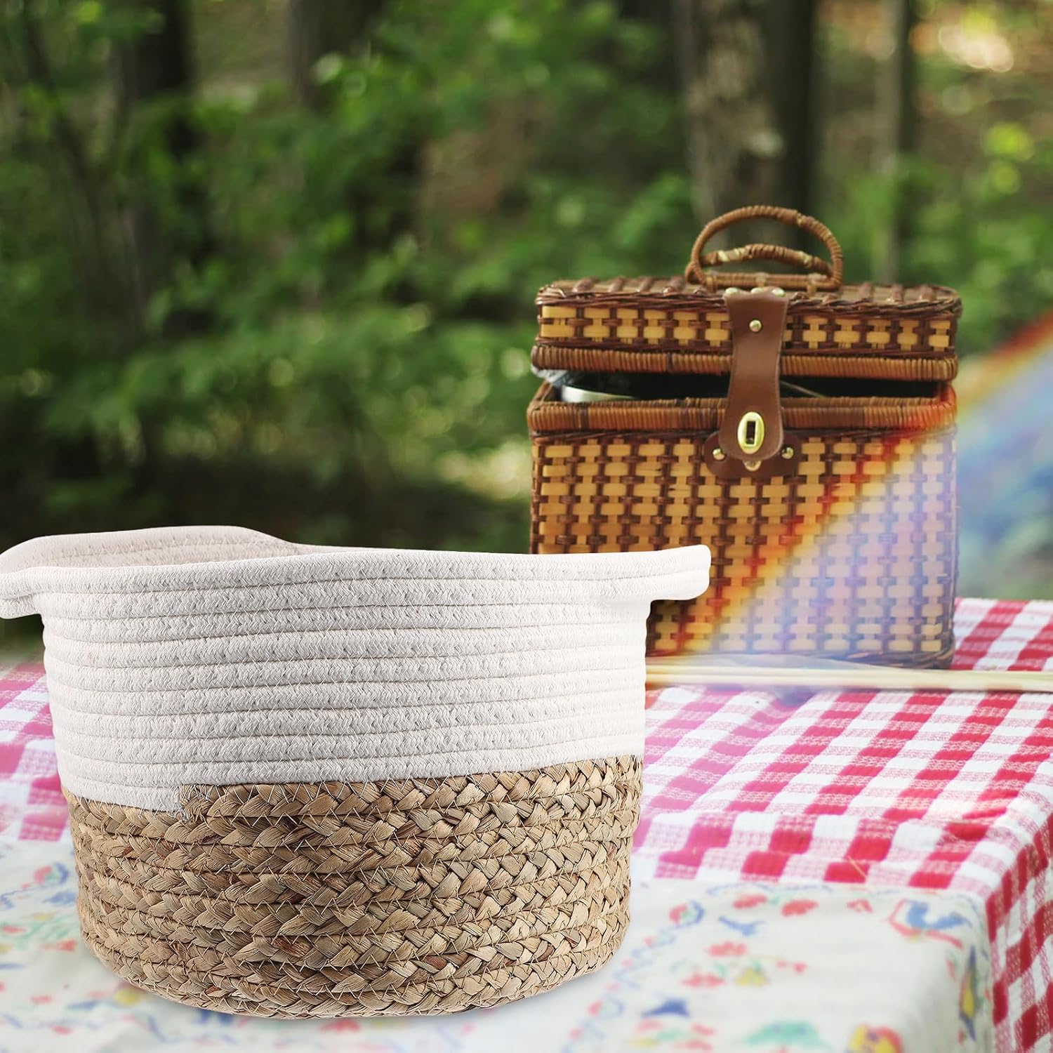 POPETPOP Straw Cotton Weaving Storage Basket with Handle, Easy to Store Things Desktop Organizer for Living Room and Closets, Eco-friendly Household Storage Container