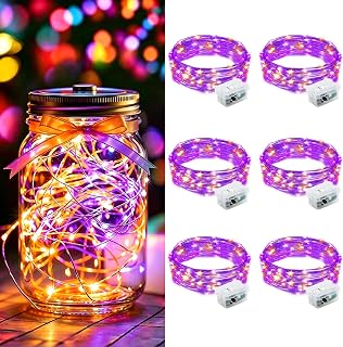AIKEI 6 Pack LED Fairy Lights Battery Operated, Mini String Lights Waterproof 7ft 20 Led Firefly Starry Lights for Wedding Party Bedroom Garden Christmas Decoration Orange and Purple