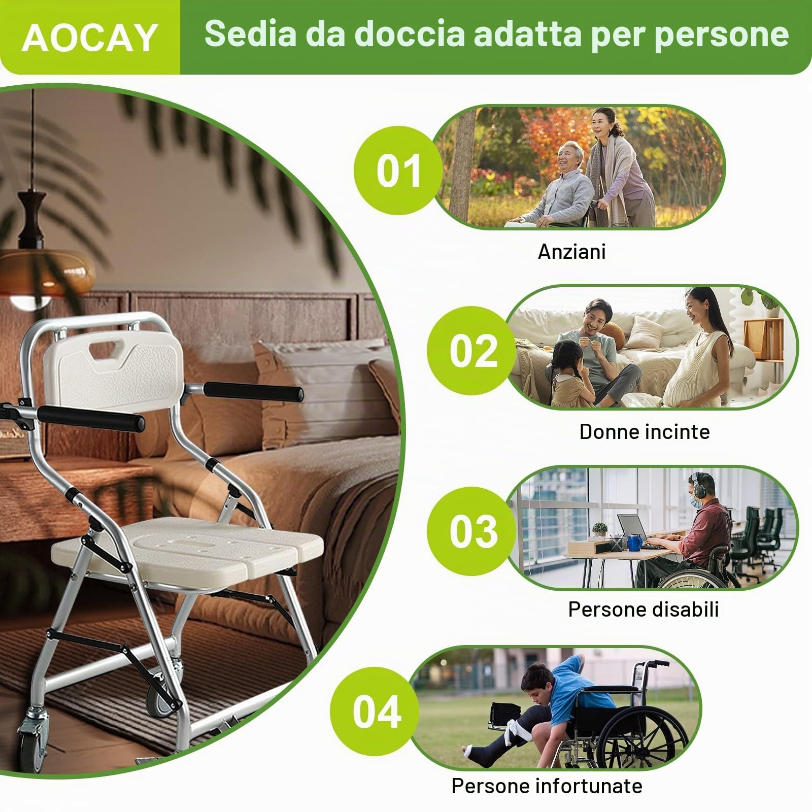 Sedie per Doccia Anziani e Disabili, Sgabello Doccia Pieghevole, Comoda WC per Anziani con Rotelle, Sedia da Bagno con Braccioli Pieghevoli e Poggiapiedi, Materiale in Lega di Alluminio