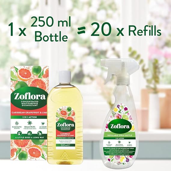 Zoflora Carribean & Grapefruit Concentrated Multipurpose Disinfectant Liquid, Antibacterial & Multi-Surface, Pet Safe, Kills 99.9% of Bacteria & Viruses, 1 X 500 ml
