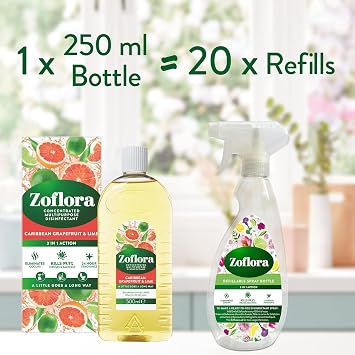 Zoflora Carribean & Grapefruit Concentrated Multipurpose Disinfectant Liquid, Antibacterial & Multi-Surface, Pet Safe, Kills 99.9% of Bacteria & Viruses, 1 X 500 ml