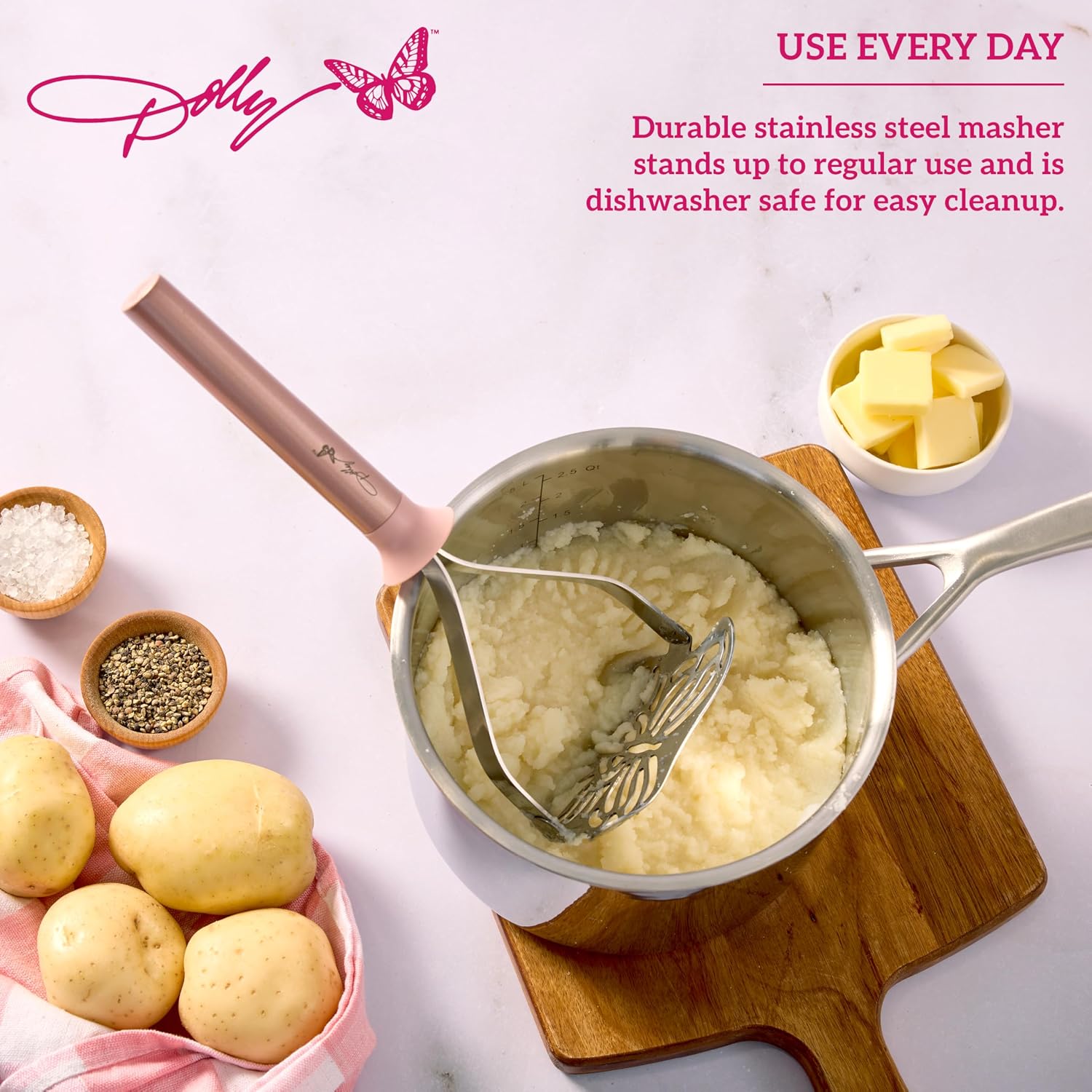 Dolly Parton Butterfly Potato Masher Stainless Steel Masher with Curved Butterfly Head, Rust Resistant, Dishwasher Safe, Kitchen Tool for Potatoes, Avocados and More, 11 Inch image 3