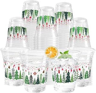 100 Pack Christmas Tree Disposable Cups 12 Oz Christmas Clear Plastic Party Cups Boho Xmas Tree Winter Drinking Cup for Xmas Holiday Party Favor Supplies Baby Shower Decor