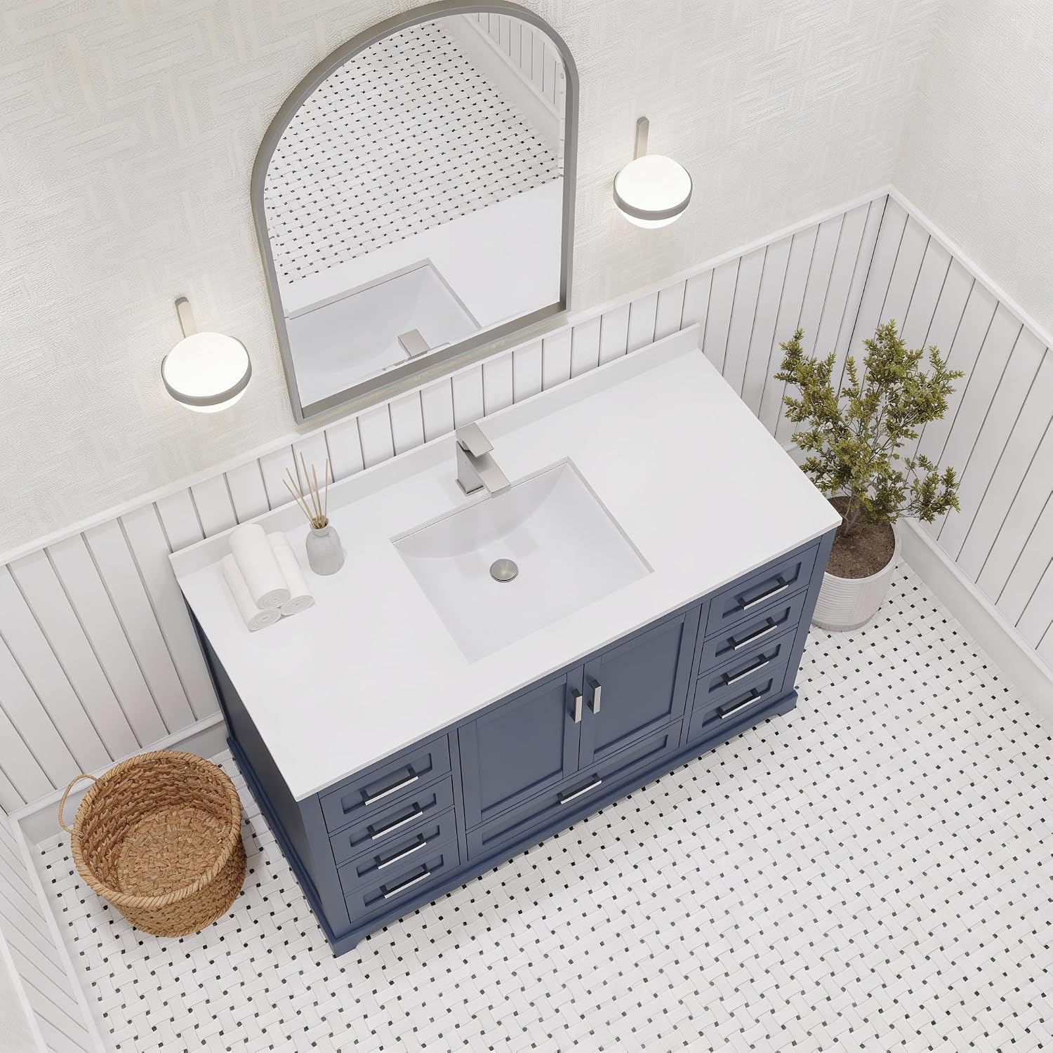 Ayna Decors Maya 42 Inch Navy Blue Bathroom Vanity with Sink, Quartz Countertop, 2 Soft Closing Doors, and 7 Full Extension Drawers, Brushed Nickel Hardware