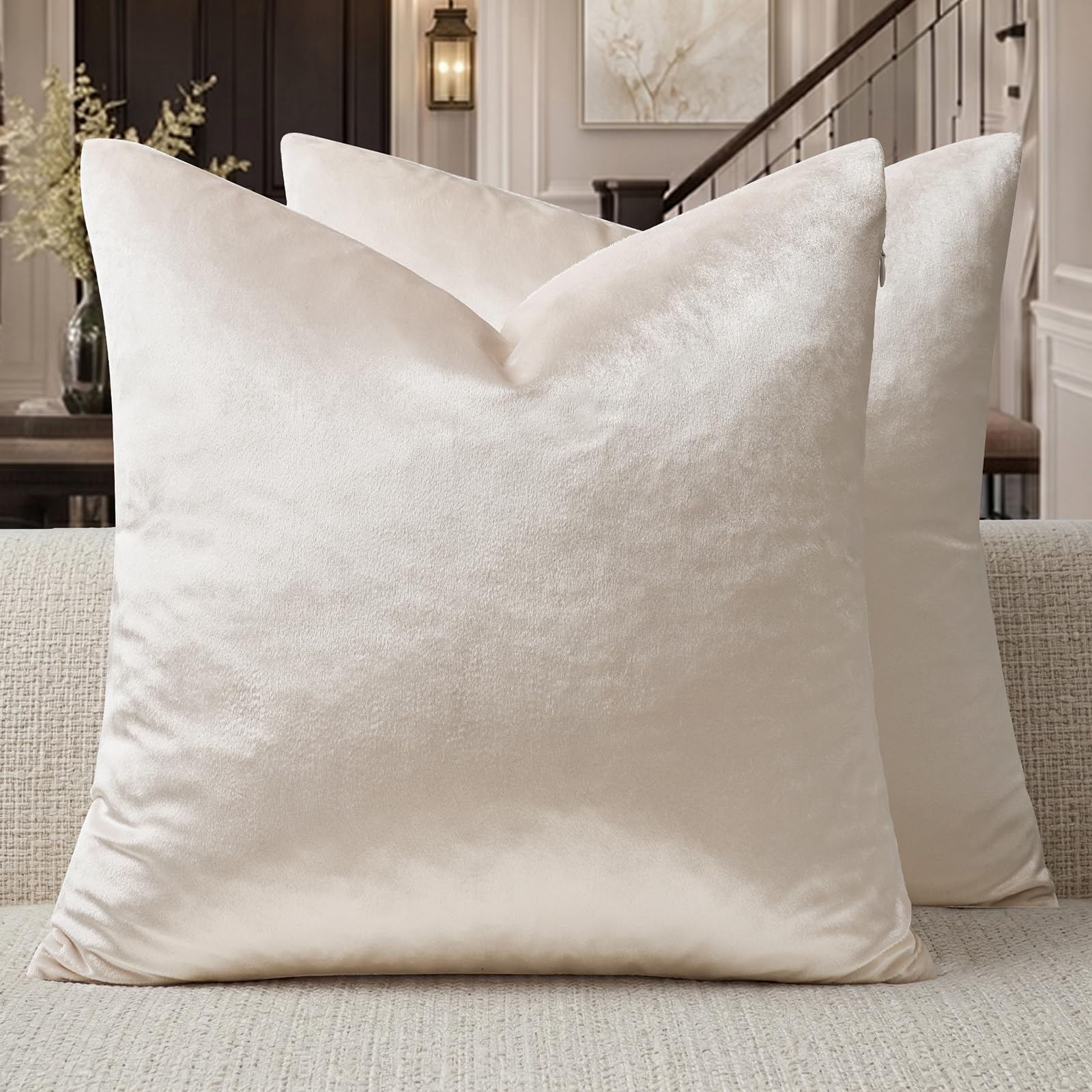 GIGIZAZA Ivory Rice Velvet Decorative Throw Pillow Covers for Sofa Bed 2 Pack Soft Cushion Cover Beige (Ivory, 20 x 20"- set of 2) โ image 1