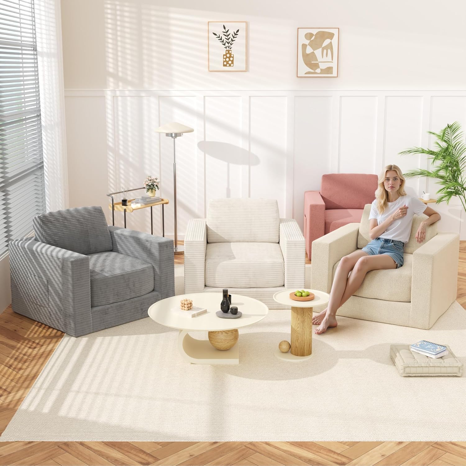 Bean Bag Chair, Large Beanbag Chair for Adults, Comfy Foam Floor Sofa with Pillows and Armrests, Plush Chair Bean Bag Couch for Bedroom Living Room, (Teddy Boucle Fabric, Beige)