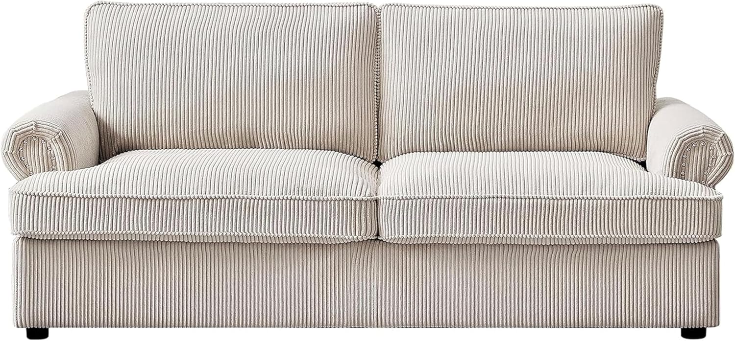 Reversible Sleeper Sofa Bed with Comfortable Memory Foam Mattress, Convertible Corduroy Full Size Pull Out Couch for Living Room, Space Saving Furniture, 76" Wide, Rounded Arms, Ivory