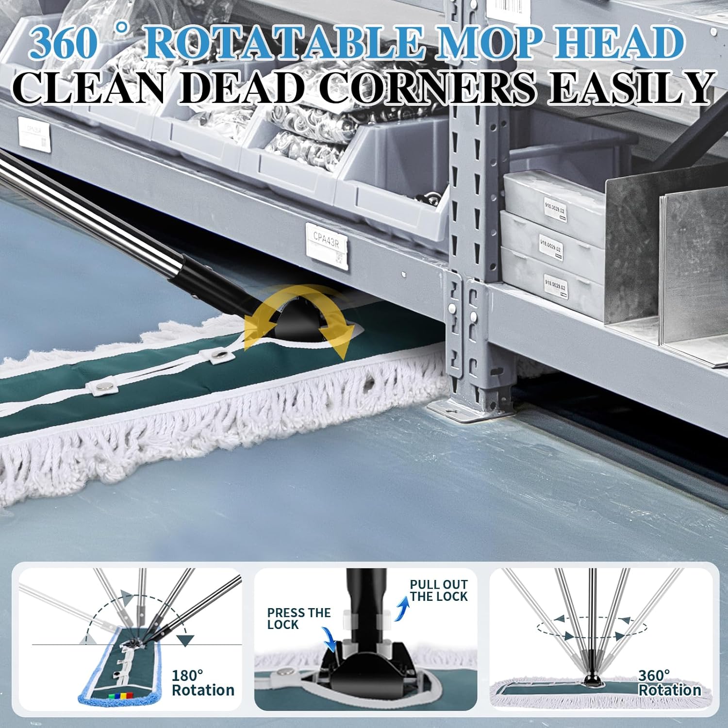 Commercial Mop,Masthome 42" Heavy Duty Dust Mop with Stainless Steel Handle,Large Industrial Mops for Floor Cleaning with 1 Cotton & 1 Microfiber Pad,Wet & Dry Large Mops for Home,Garage,School,Mall