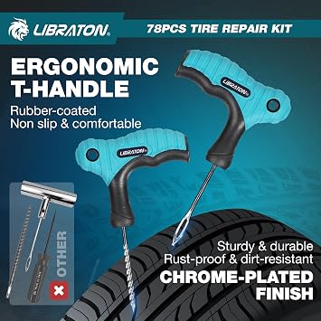 LIBRATON Tire Repair Kit, 78PCS Tire Plug Kit Professional Repair Tools | to Fix Punctures and Plug Patch Flats, Tubeless Tire Patch Kit for Car, Motorcycle, ATV, SUV, Truck, Tractor, Trailer