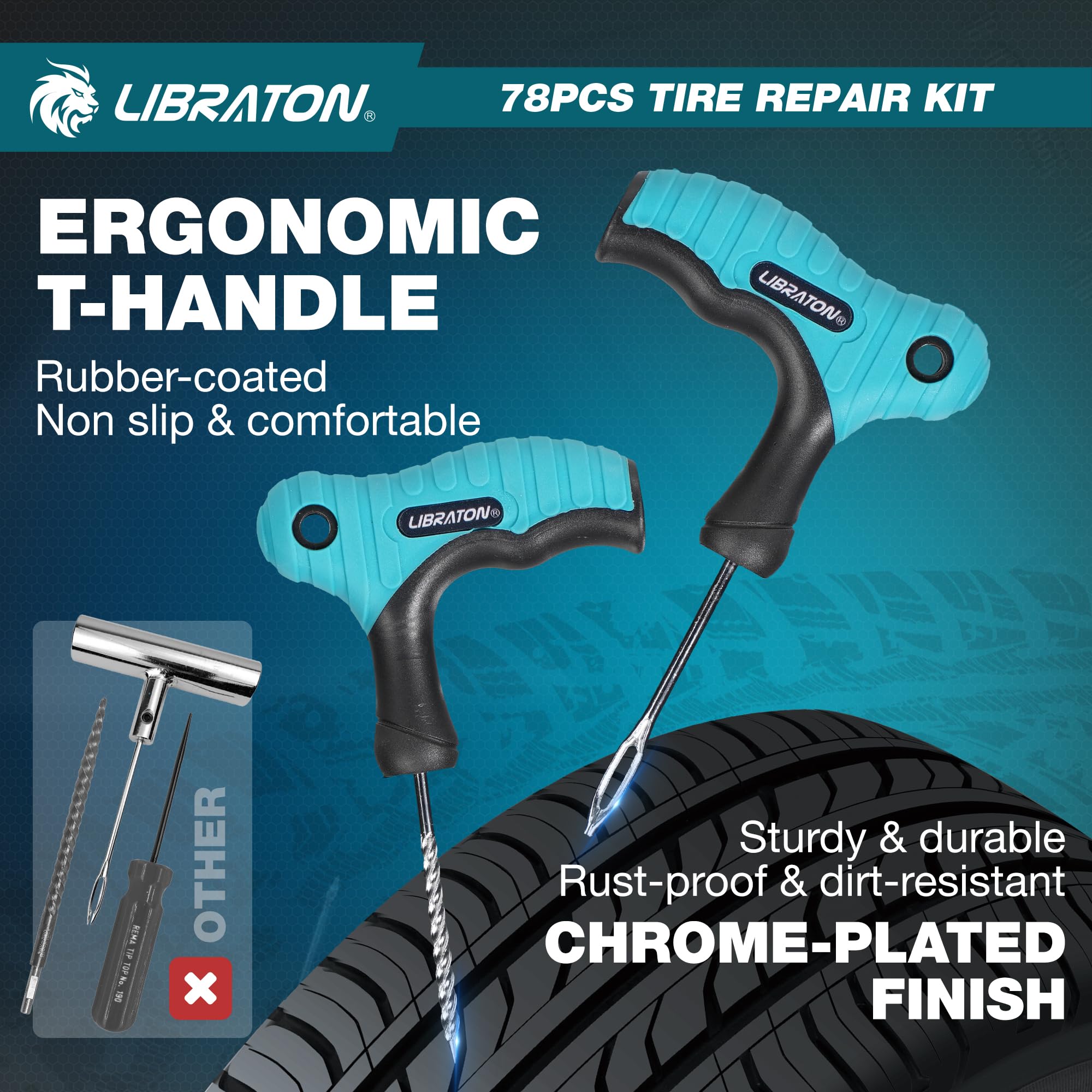 Libraton kit Antipinchazos Coche, 78PCS kit Repara Pinchazos Coche Profesional para Reparar Pinchazos y Parches en Neumáticos sin Cámara, Compacto para Coches, Motos, SUVs, ATVs, Tractores y Remolques
