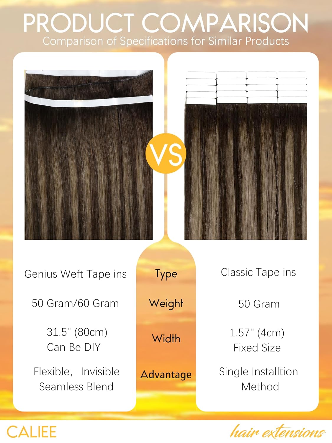 Caliee Genius Tape in Weft Hair Extensions Virgin Hair Invisible Tape in Hair Extensions Human Hair Darkest Brown with Chestnut Brown One Piece DIY 18 Inch 50G Width 31.5" (80cm)