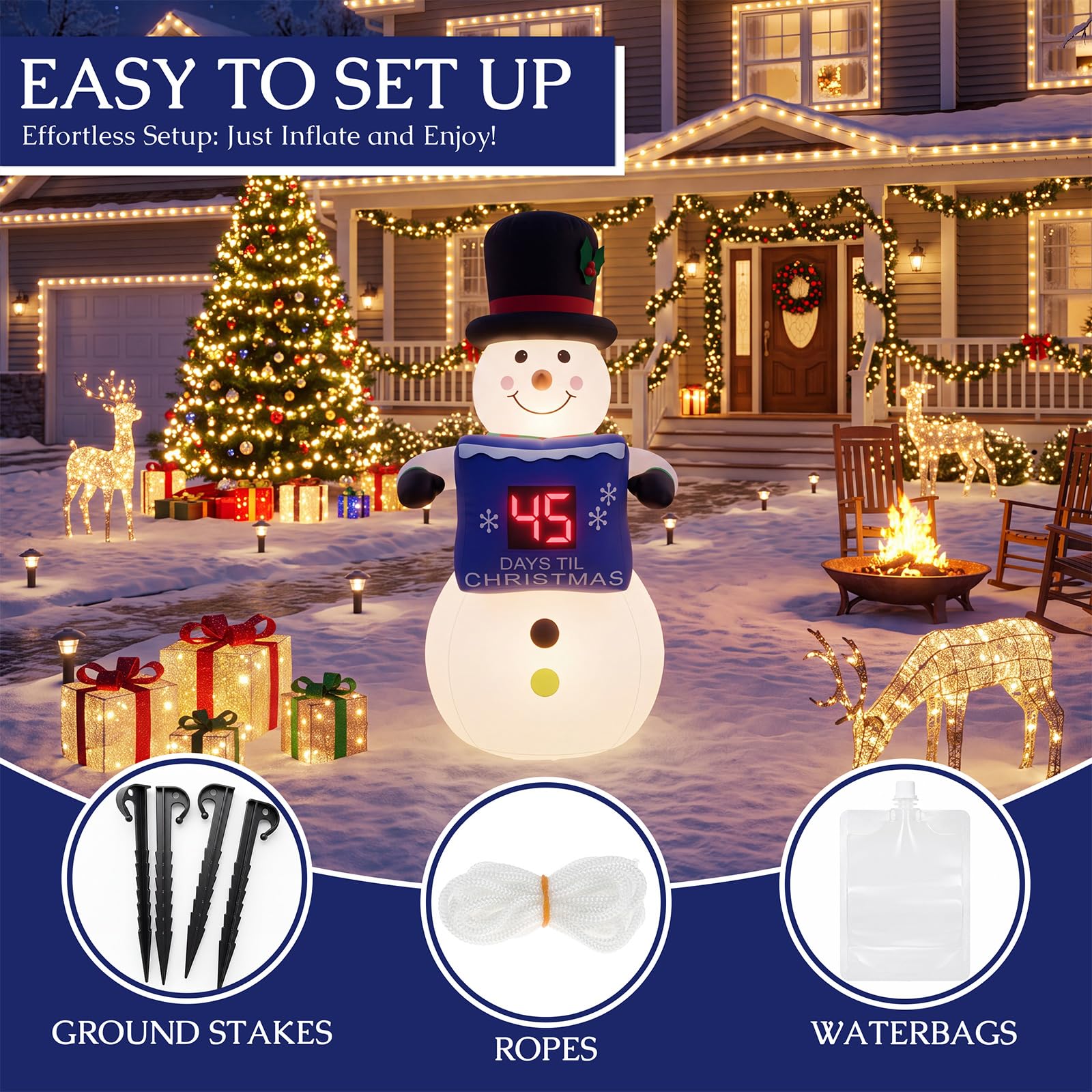 Foilswirl Bonhomme de neige gonflable de Noël de 1,32 m avec compte à rebours LED Bonhomme de neige gonflable Compte à rebours extérieur lumineux Décoration de fête de Noël pour la maison, la cour, le