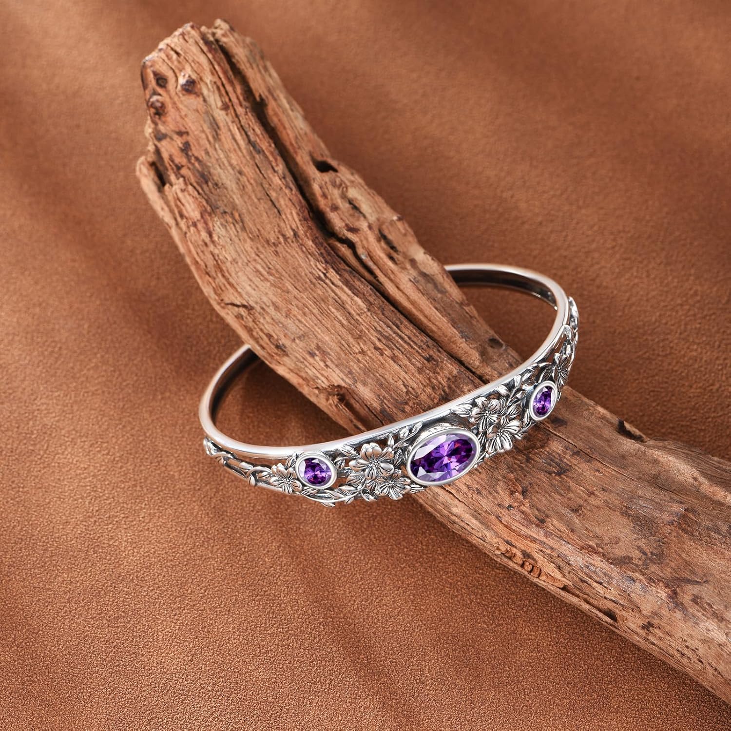Amethyst Floral Cuff Bracelet Sterling Silver Adjustable Bohemian Bangle, February Birthstone Gift for Her Purple Crystal Healing Jewelry