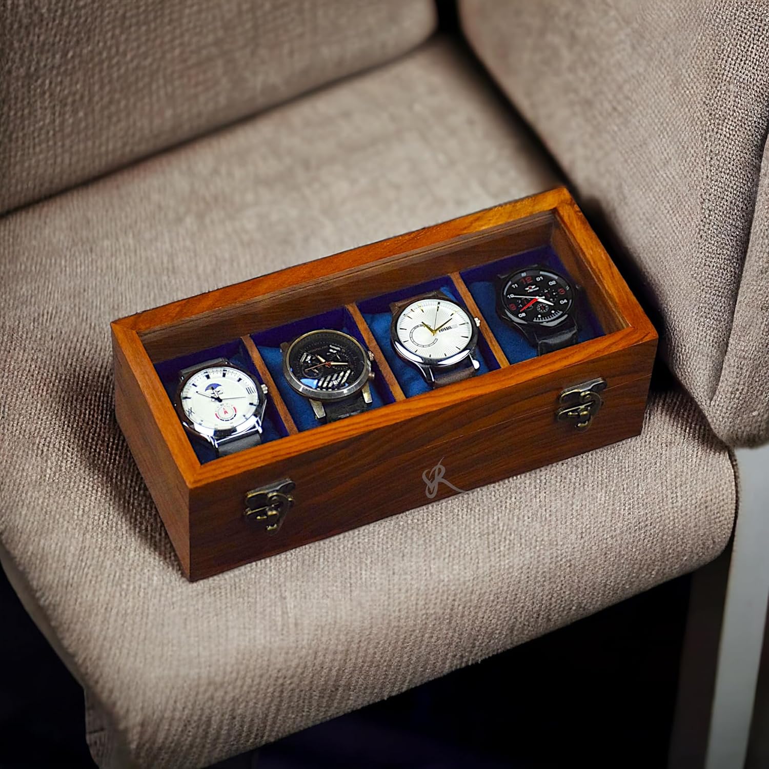 Royal Craft Expertise Handmade Superior Indian Rosewood Four slot Mens Watch Display Case Box for Men | Wooden Mens Watch Box | Handmade Cushions - Made for Special Peoples and Events |