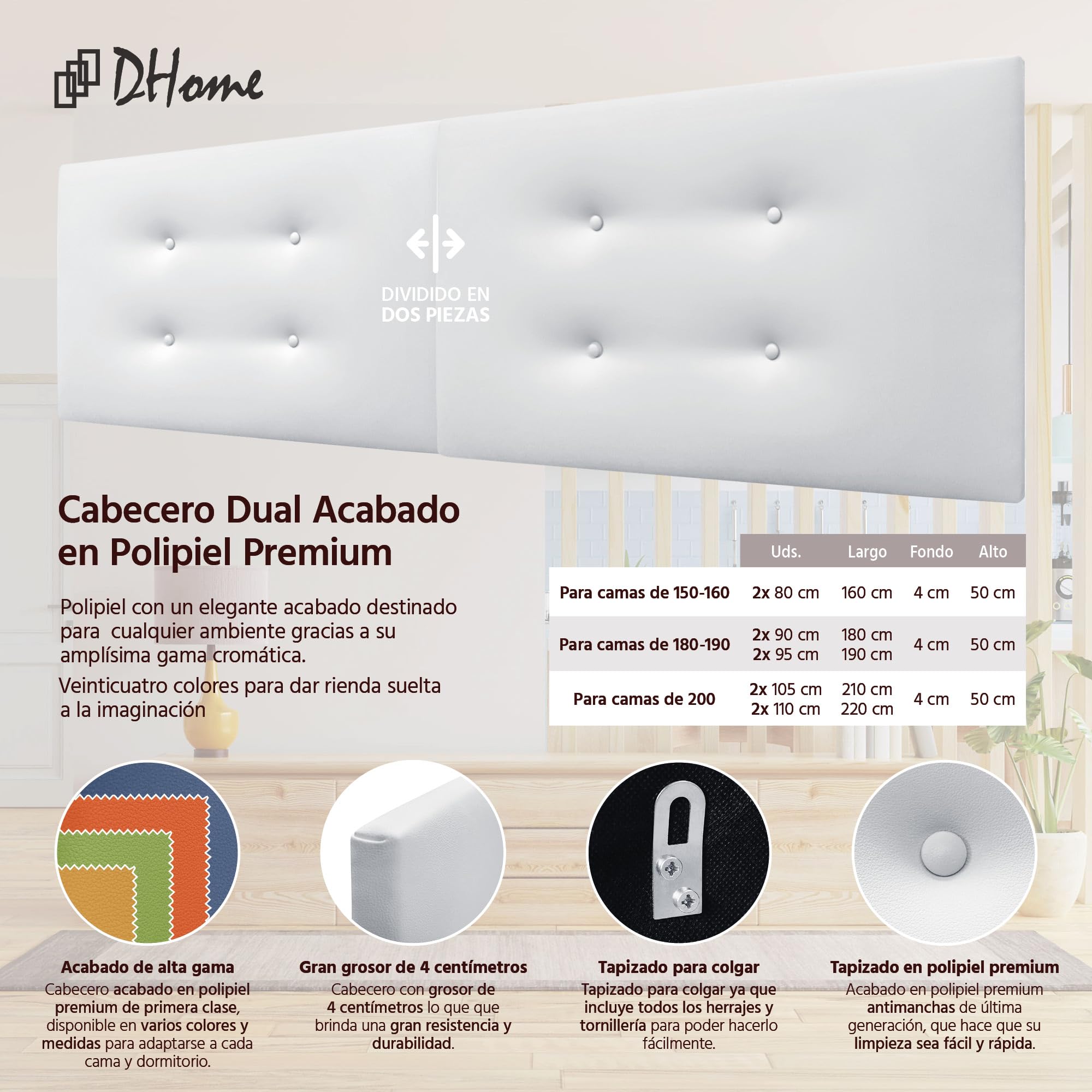 DHOME Testiera in similpelle o in tessuto acualina con 2 file di bottoni doppi divisi in 2 pezzi Testiera imbottita di alta gamma (Similpelle Bianco, 180cm Doppio (Letto 180/190))