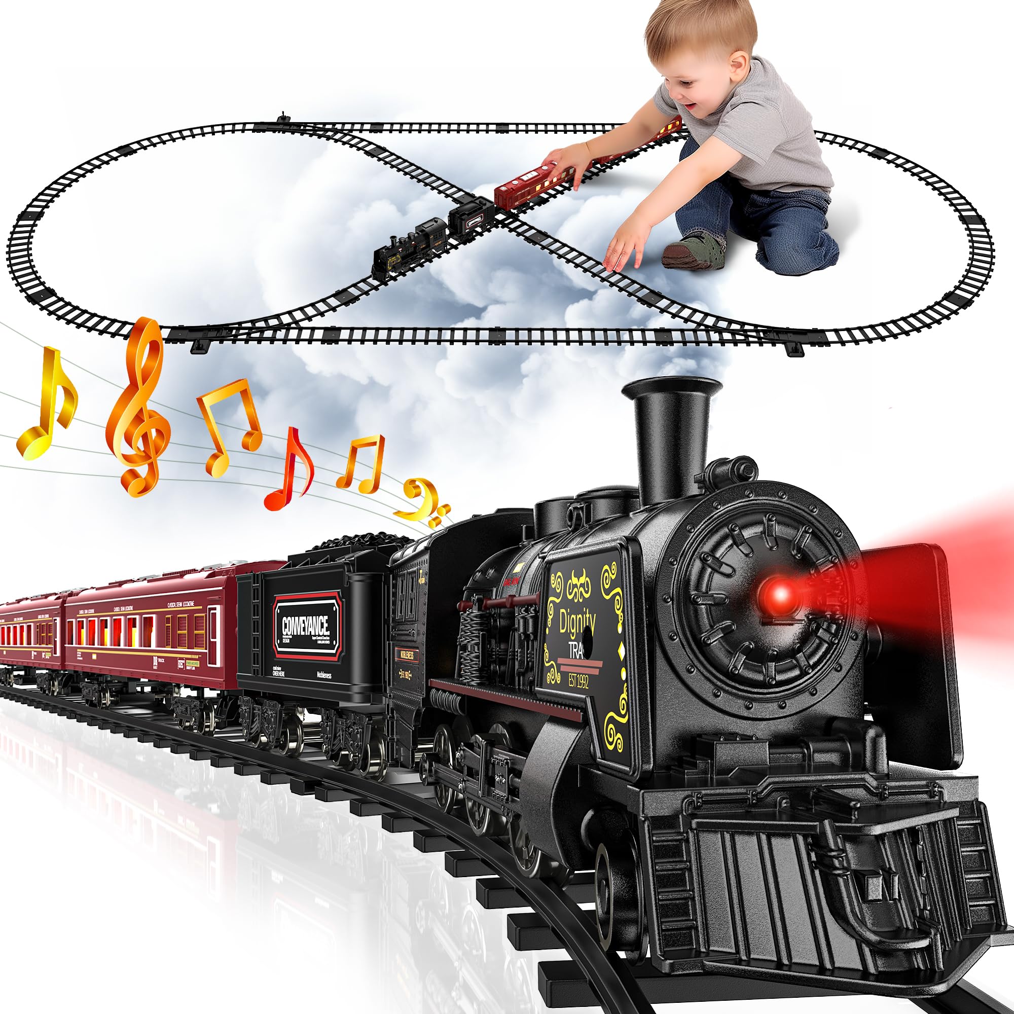 Hot Bee Train Set, Christmas Train w/Luxury Tracks, Metal Train Toys - Glowing Passenger Cars, Electric Trains w/Smoke, Sounds & Lights, Christmas Tree Train Gifts for 3 4 5 6 7+ Years Old Boys