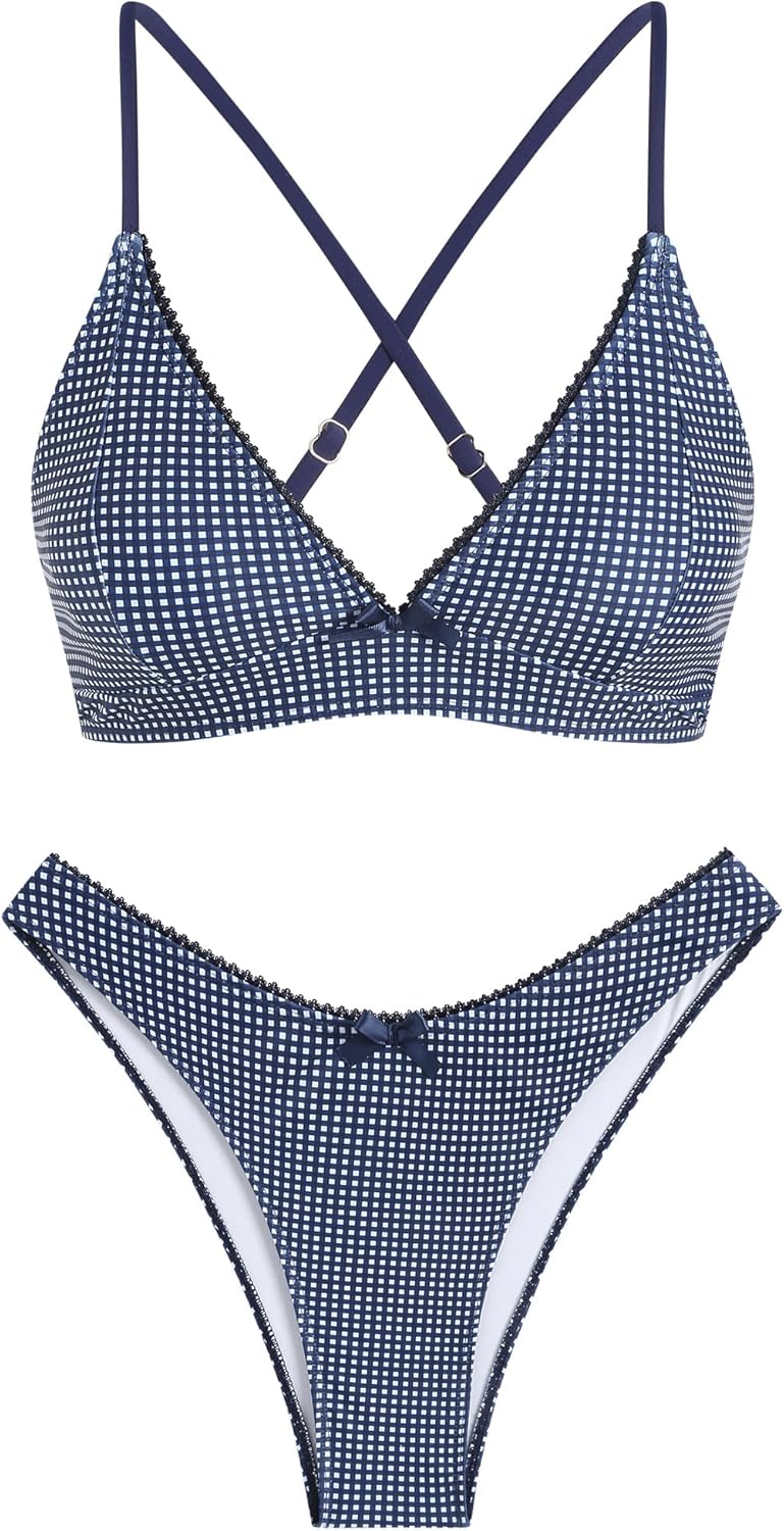 ZAFUL Women's V Neck Bikini Set High Waisted Swimsuits Lace Up Bow Decor Cheeky Two Piece Bathing Suit