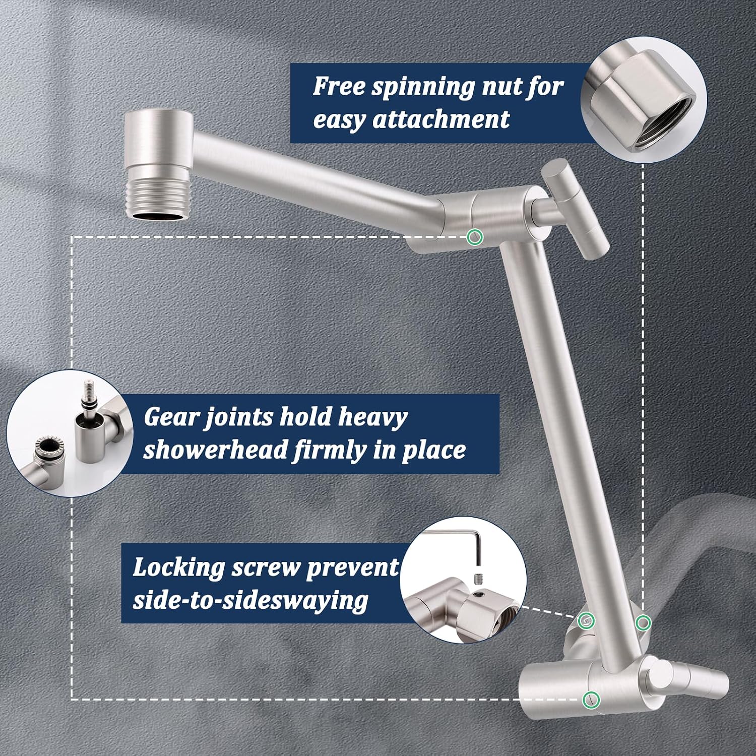 Solid Brass Shower Head Extension Arm, 13 Inch Adjustable Shower Arm - Height & Angle Adjustable Extender, Universal G1/2 Connector for Rainfall or Fixed Showerhead (Brushed Nickel)