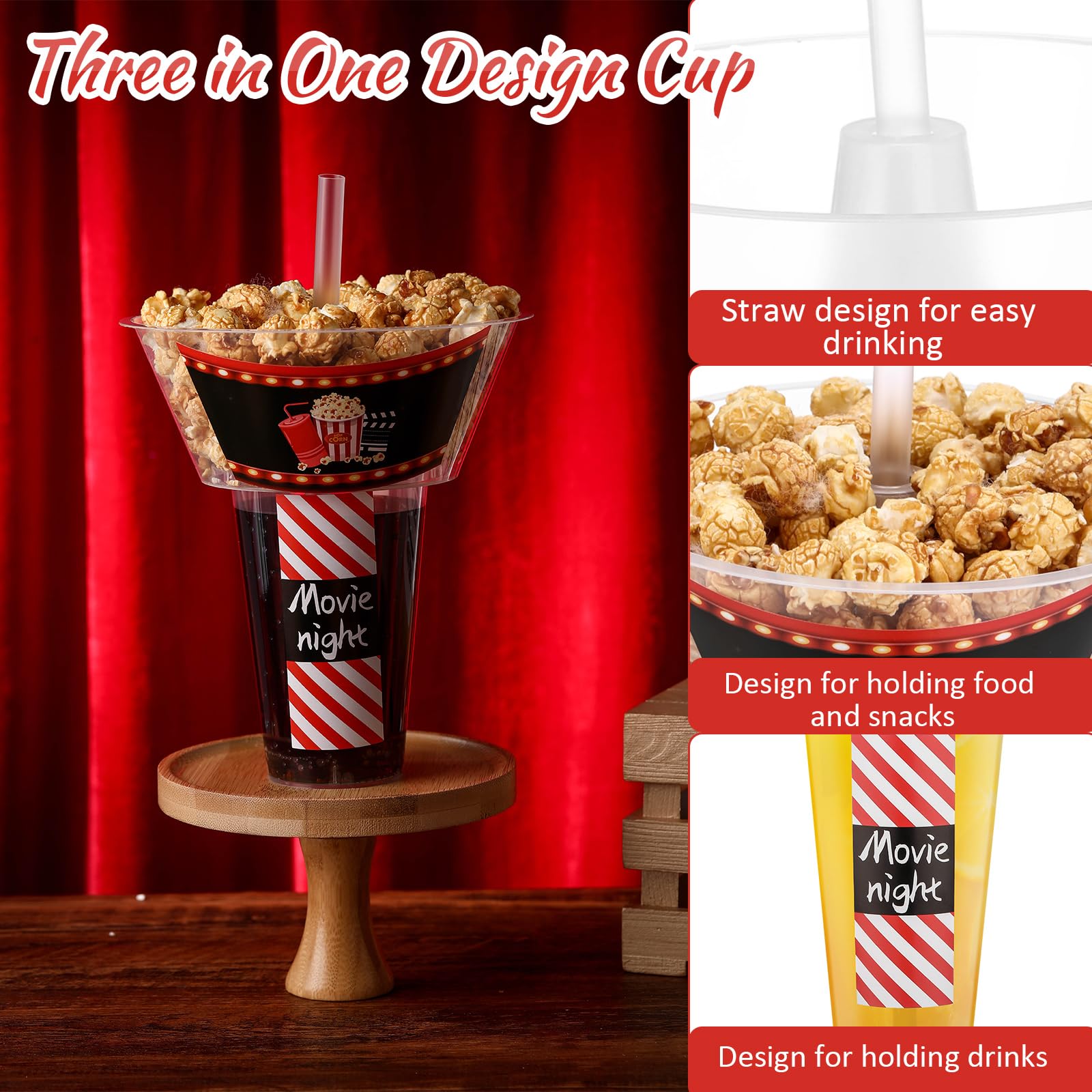SiliFine 25 juegos de tazas de bebidas y aperitivos con pajitas, vasos desechables de plástico para estadio con soporte para aperitivos, tazas para aperitivos para papas fritas, pollo frito y frutas