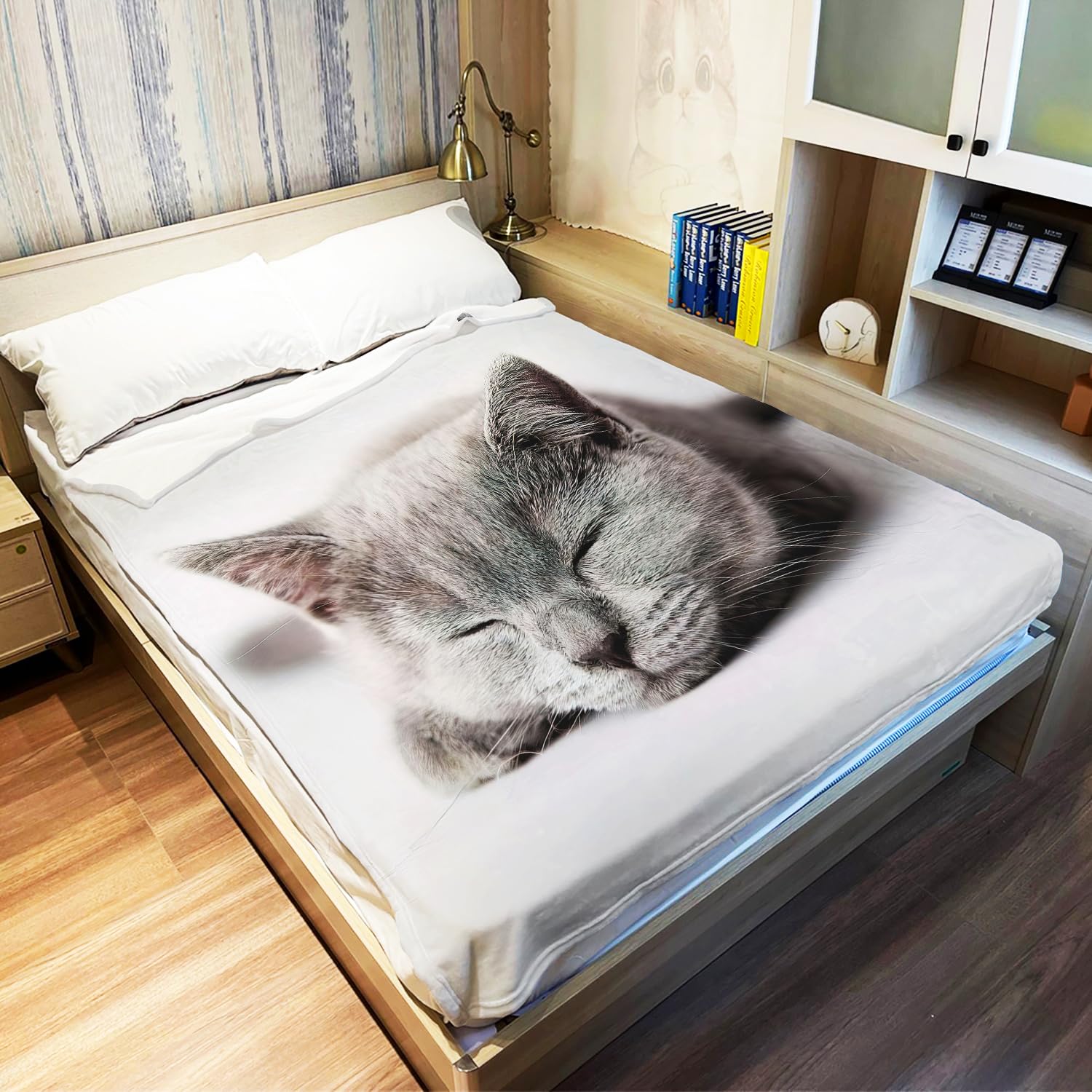 Yisumei Couverture douce en flanelle Motif chaton, Polyester, Blanc., 150x200 cm