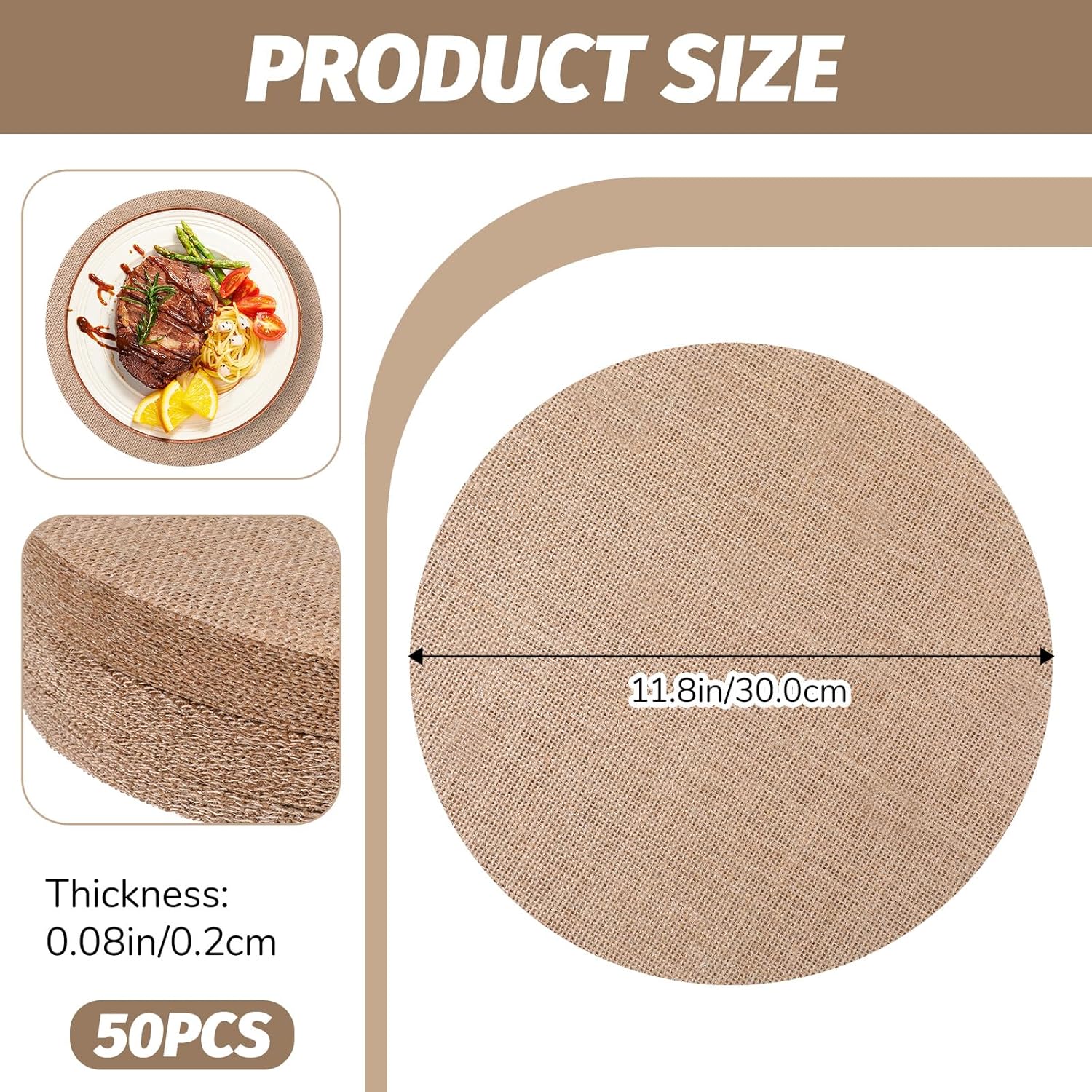 50 Pieces Round Burlap Placemats, Reusable Brown Table Mats Heat Resistant Natural Jute Placemats Circle Rustic Table Decorations for Wedding Dinner Party Farmhouse Christmas Decor(11.8 Inches)