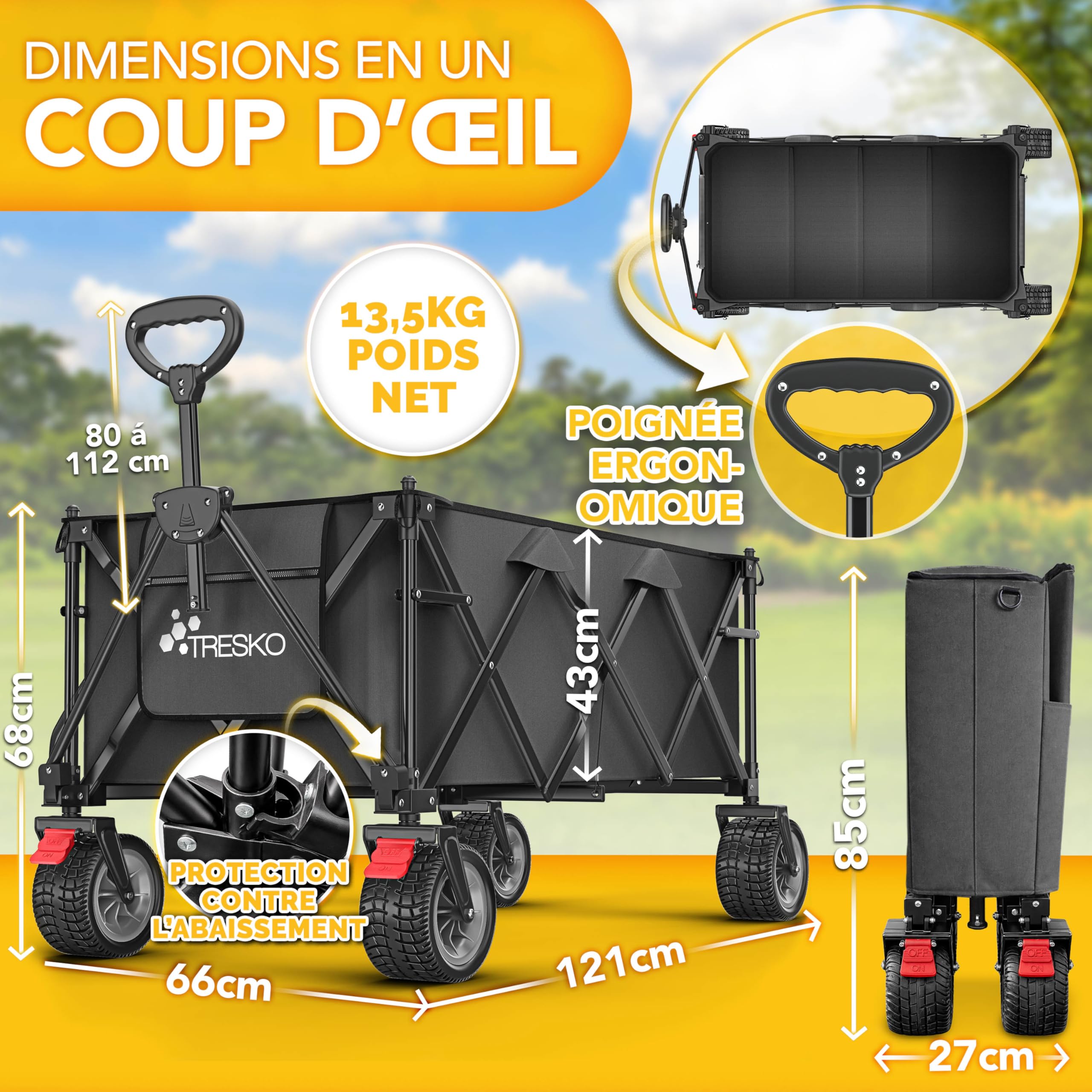 TRESKO® Chariot de transport pliable 215 L avec frein | Chariot à main pliable 150 kg avec pneus en caoutchouc plein | Chariot de plage pliable extra large tout-terrain | Chariot de transport avec sac