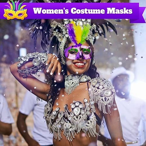 Miniatura 8 de 24 máscaras de Mardi Gras con plumas, máscaras para mujeres y hombres, accesorios de disfraz de Mardi Gras, suministros de recuerdos de fiesta de