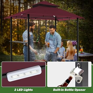 GARTOO 8'x5' Outdoor Grill Gazebo | Double Roof BBQ Gazebo Canopy with 2 Side Shelves and LED Lights, Patio BBQ Pergola Shelter for Garden, Backyard (Red)