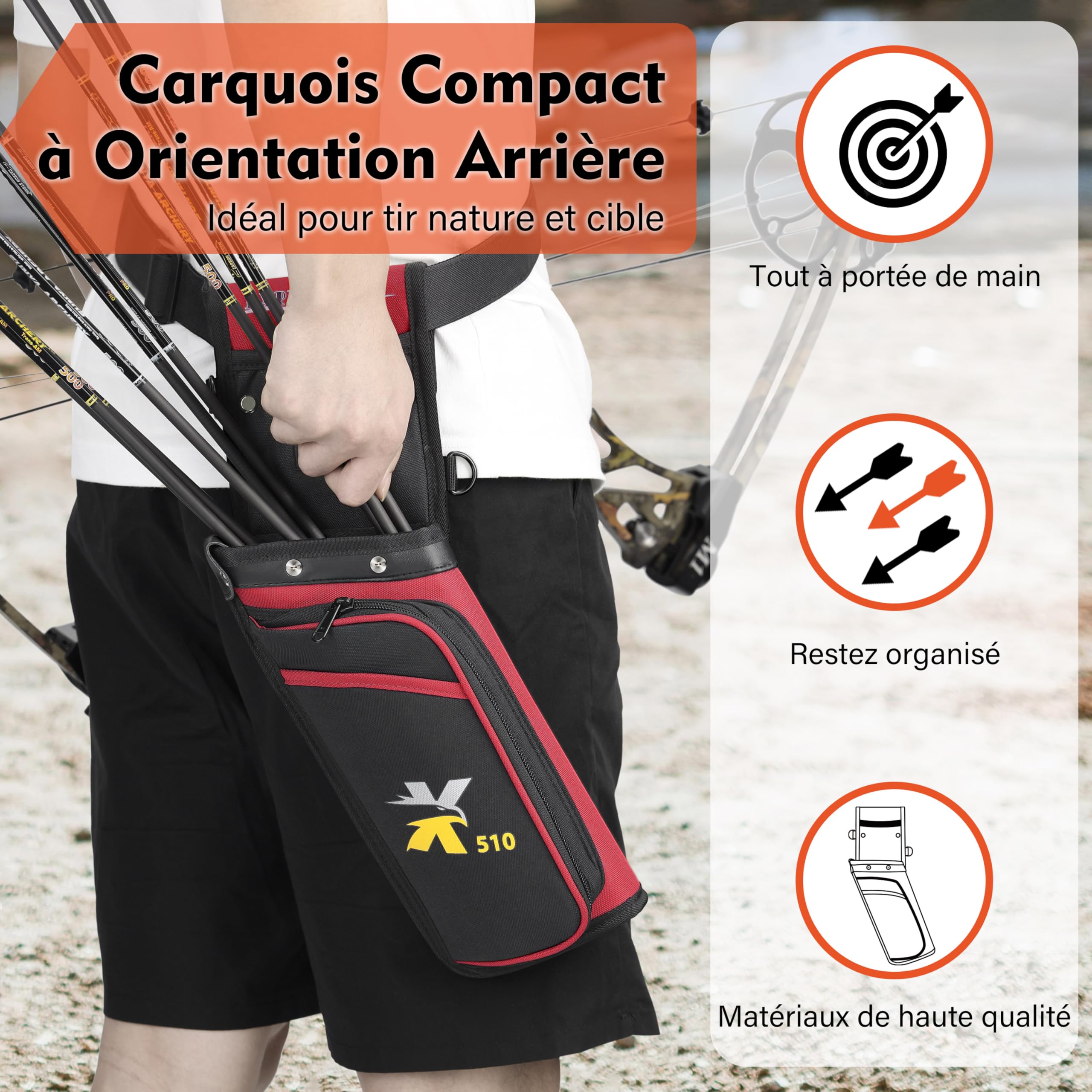 Sunya X510 Carquois de Hanche pour Terrain et Compétition | Carquois d'archerie Silencieux à 3 emplacements avec système de Rangement Robuste (42x18cm)