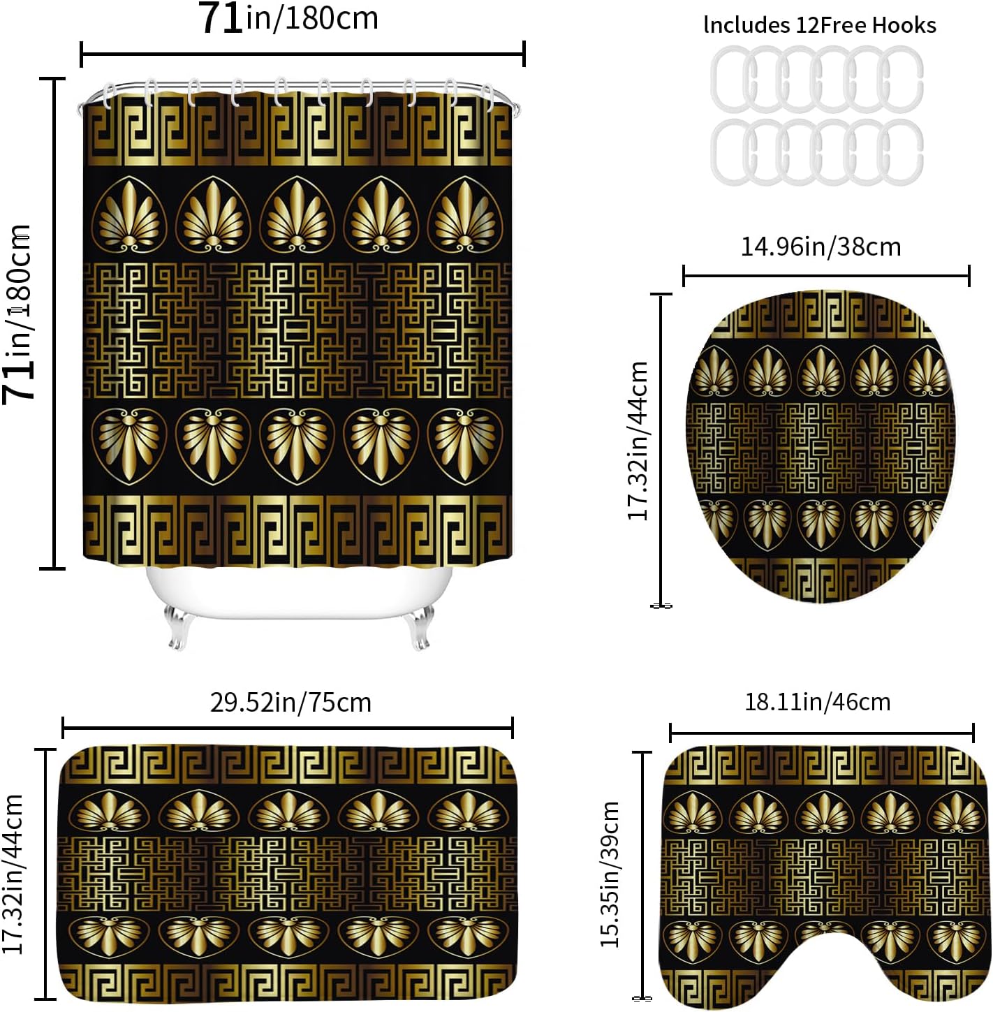 Muuyi 4PCS Black Gold Flower Print Fabric Shower Curtain Set, Modern Waterproof Soft Fabric Shower Curtain Bathroom Trim, Non-Slip Bath mat, Applicable to bathrooms, Hotels,12 pcs Hooks, 71x71 in