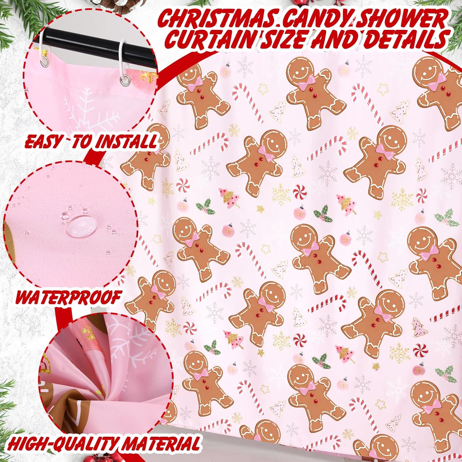 Geelin 13 Pcs Christmas Pink Gingerbread Shower Curtain Set for Bathroom Decor 72"w x 72"h Pink Cute Ginger Bread Candy Cane Shower Curtain with 12 Gingerbread Hooks for Christmas Bathroom Decoration