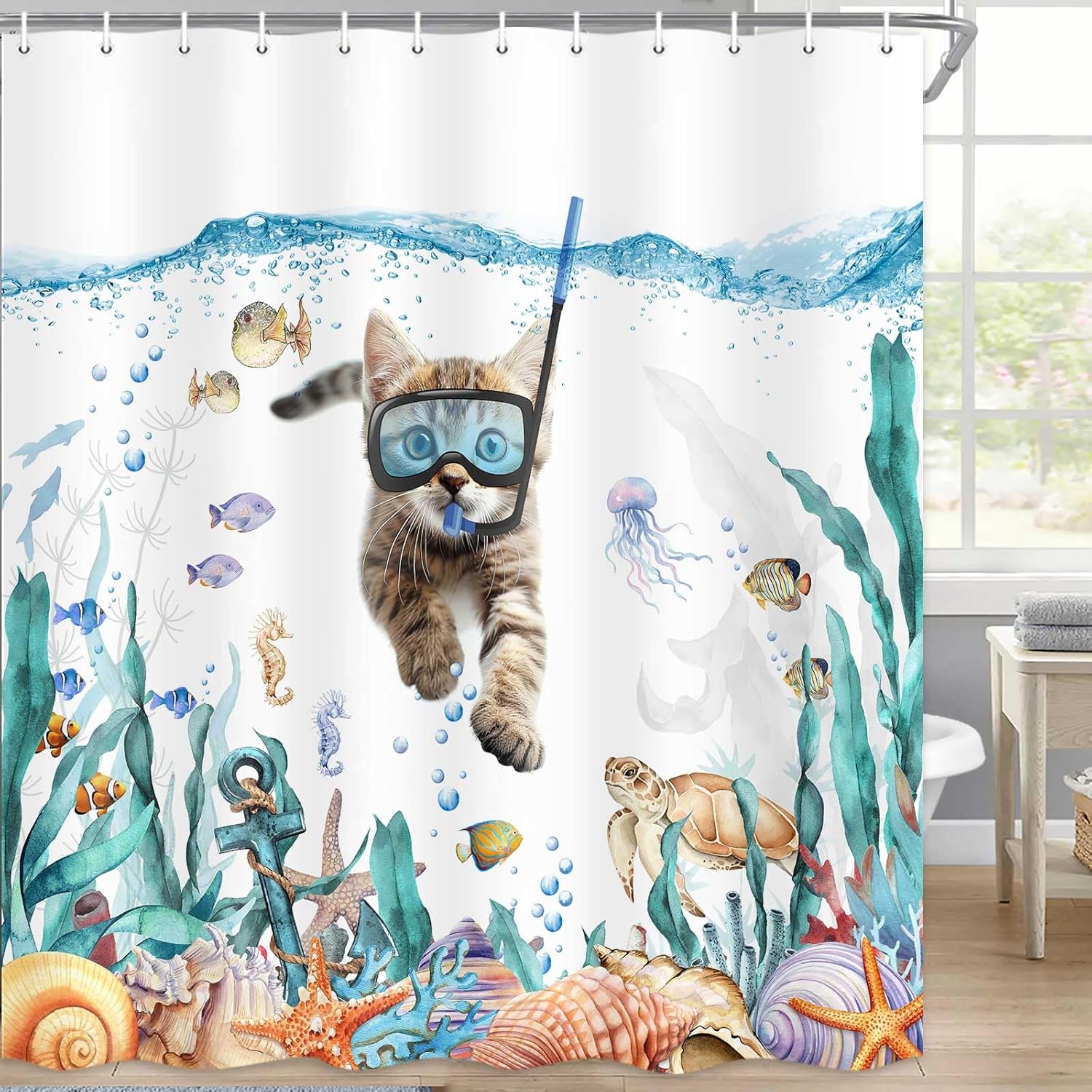 Funny Cat Shower Curtain, Teal Blue Ocean Sea Turtle Starfish Tropical Fish Fabric Bath Curtains, Kids Bathroom Nautical Decor Waterproof with Hooks Set 72 x 72 Inch