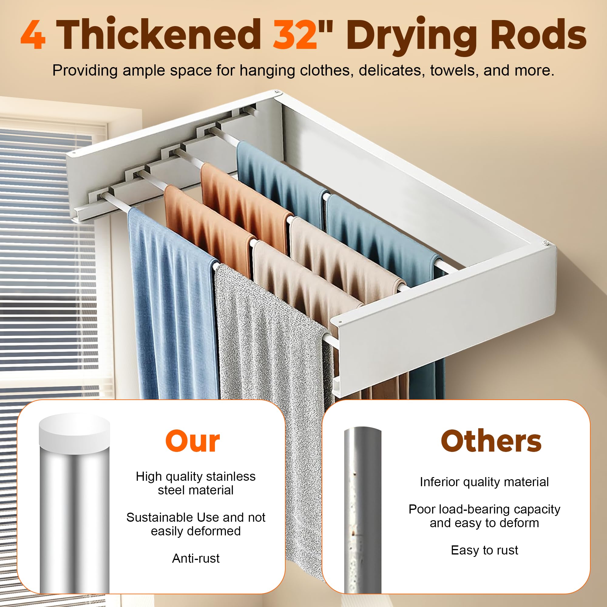 32” Wall Mounted Space Saving Laundry Drying Rack Balcony for Kitchen, Bathroom Use - Foldable Clothes Dryer Rack with 4 Steel Poles - Collapsible Laundry Organizer Indoor Outdoor Drying Line