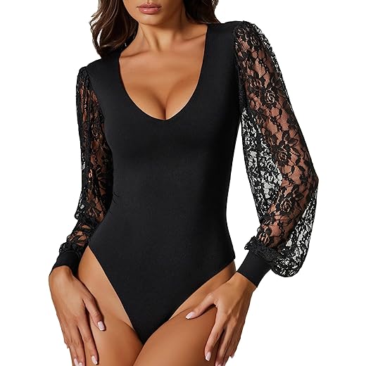 Avidlove Womens Long Sleeve Bodysuit Double Lined V Neck Lace Puff Sleeves Going Out Top Shirts Thong Leotard Body Suit