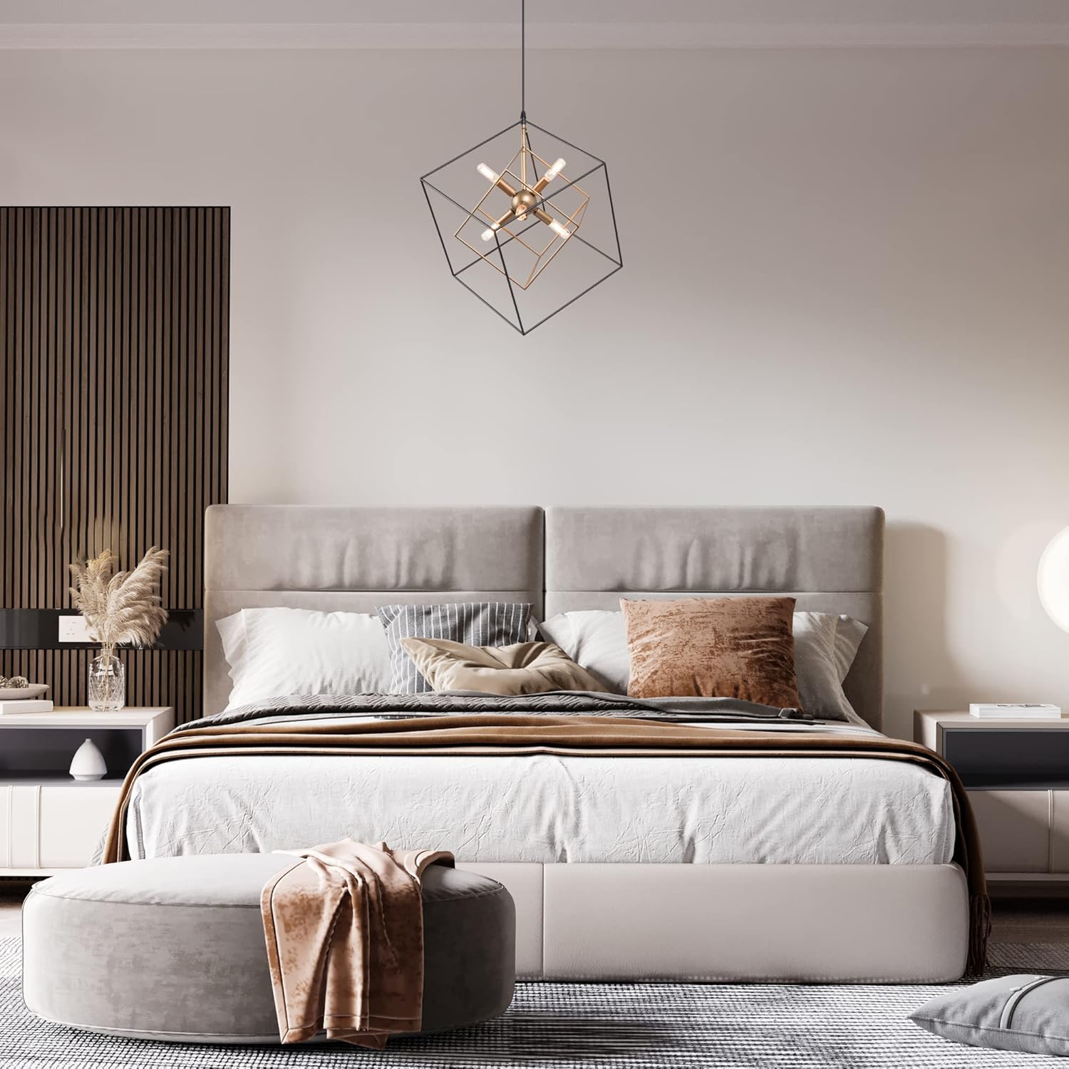LALUZ Modern Chandelier Light Fixture, 6-Light Gold and Black Chandelier 40W, Mid Century Geometric Cube Ceiling Pendant Light for Entryway, Dining & Living Room, Bedroom, Kitchen Island, Dia 21.5" - - 