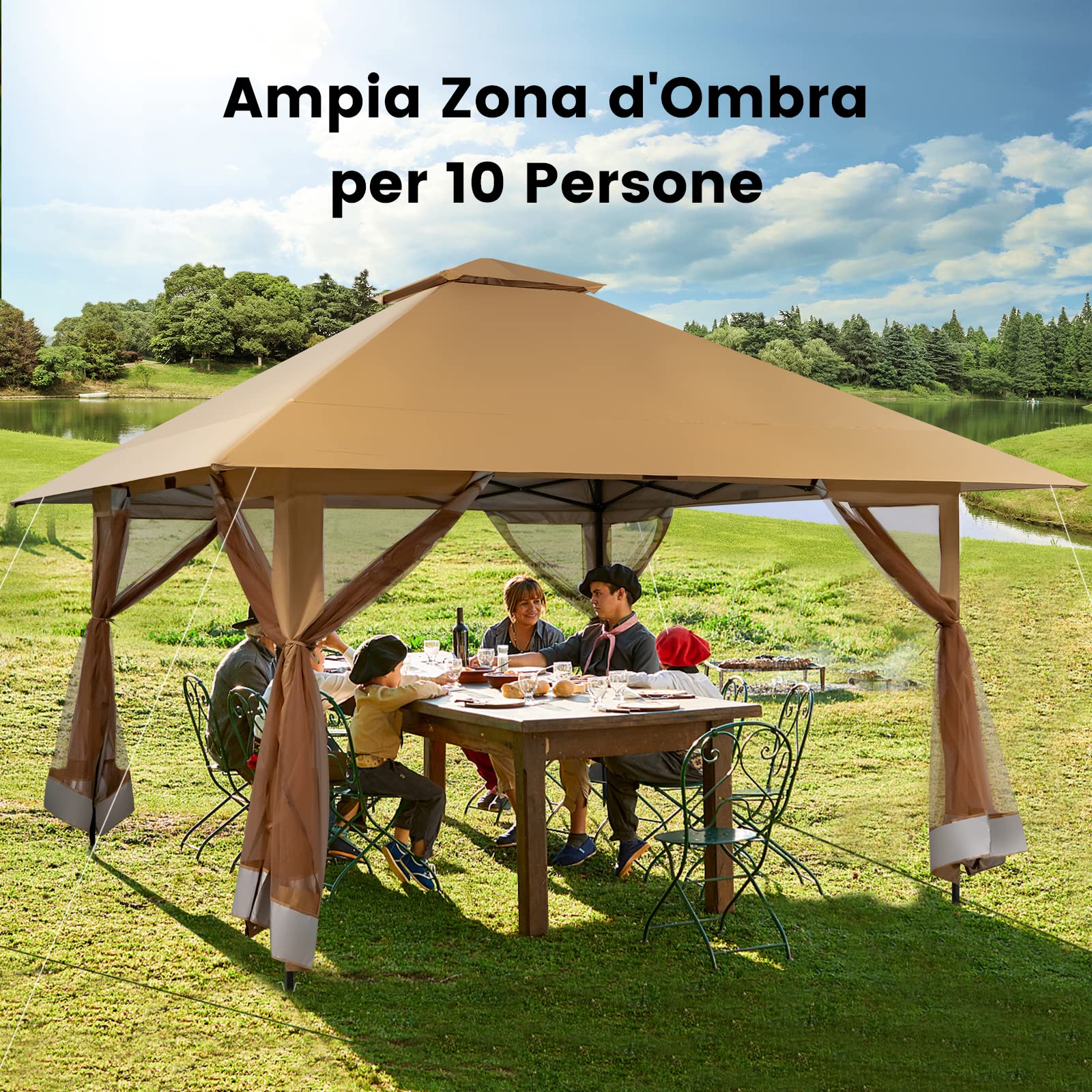 COSTWAY Gazebo Pieghevole da Giardino 4 x 4 m, Altezza Regolabile, Gazebo Pop-up con Zanzariera, Borsa di Trasporto, Doppio Tetto Ventilato e per Giardino Patio e Cortile (Cachi)
