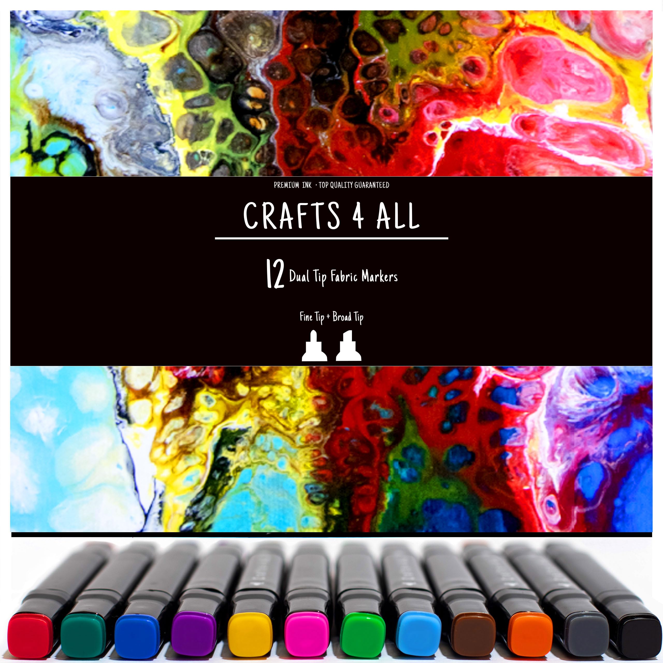 Fabric Markers 12 Pack Dual Tip Fine Permanent Coloring Fabric Pens by Crafts 4 All. Child Safe & Non Toxic For Art Writing on Bags, Shoes, T-shirts & Other Fabric