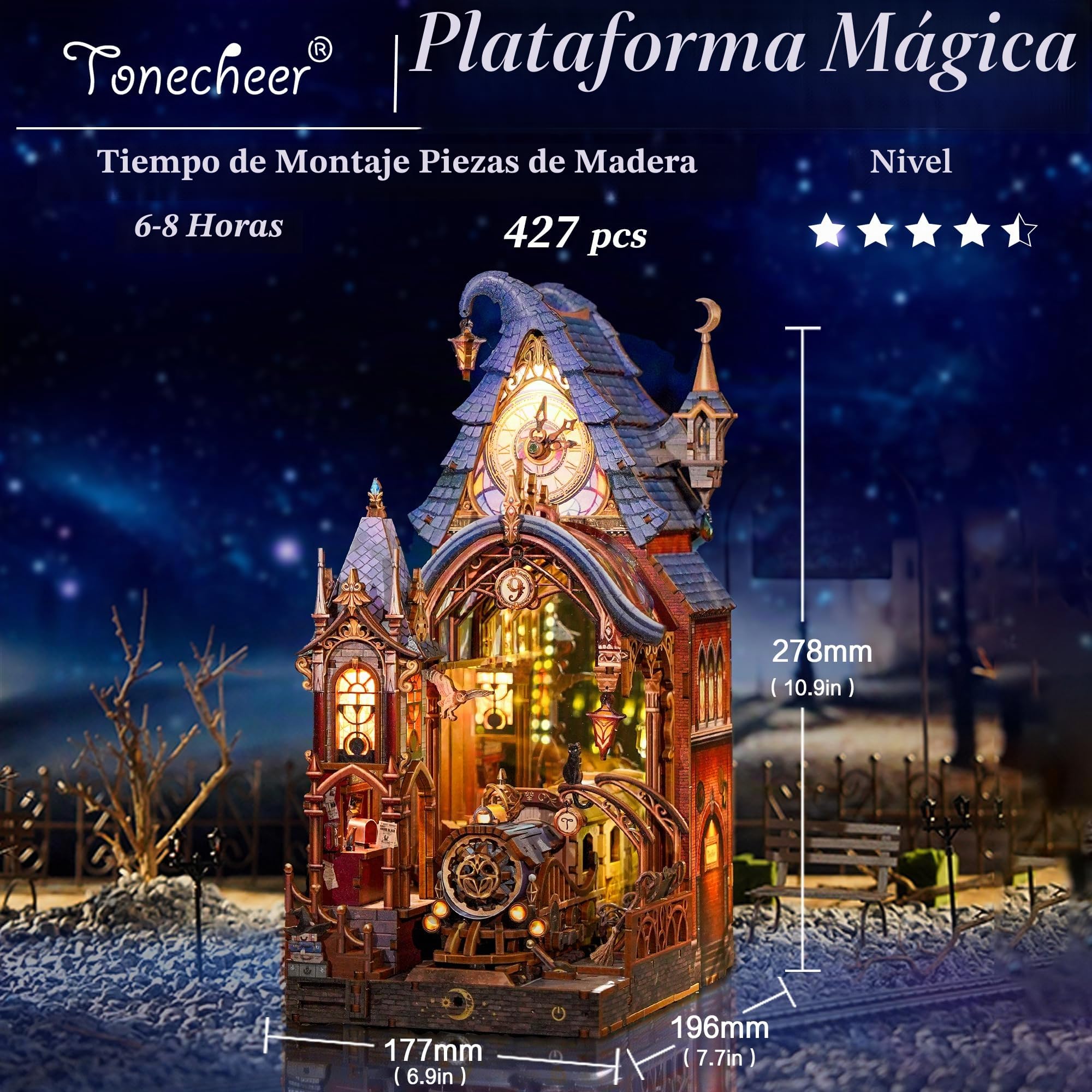 Tonecheer Puzzle 3D LED Book Nook Miniatura mágica interactiva con Espacio de expansión Infinito, Inserto DIY para estantería, decoración y Regalo Creativo (Estación Mágica)