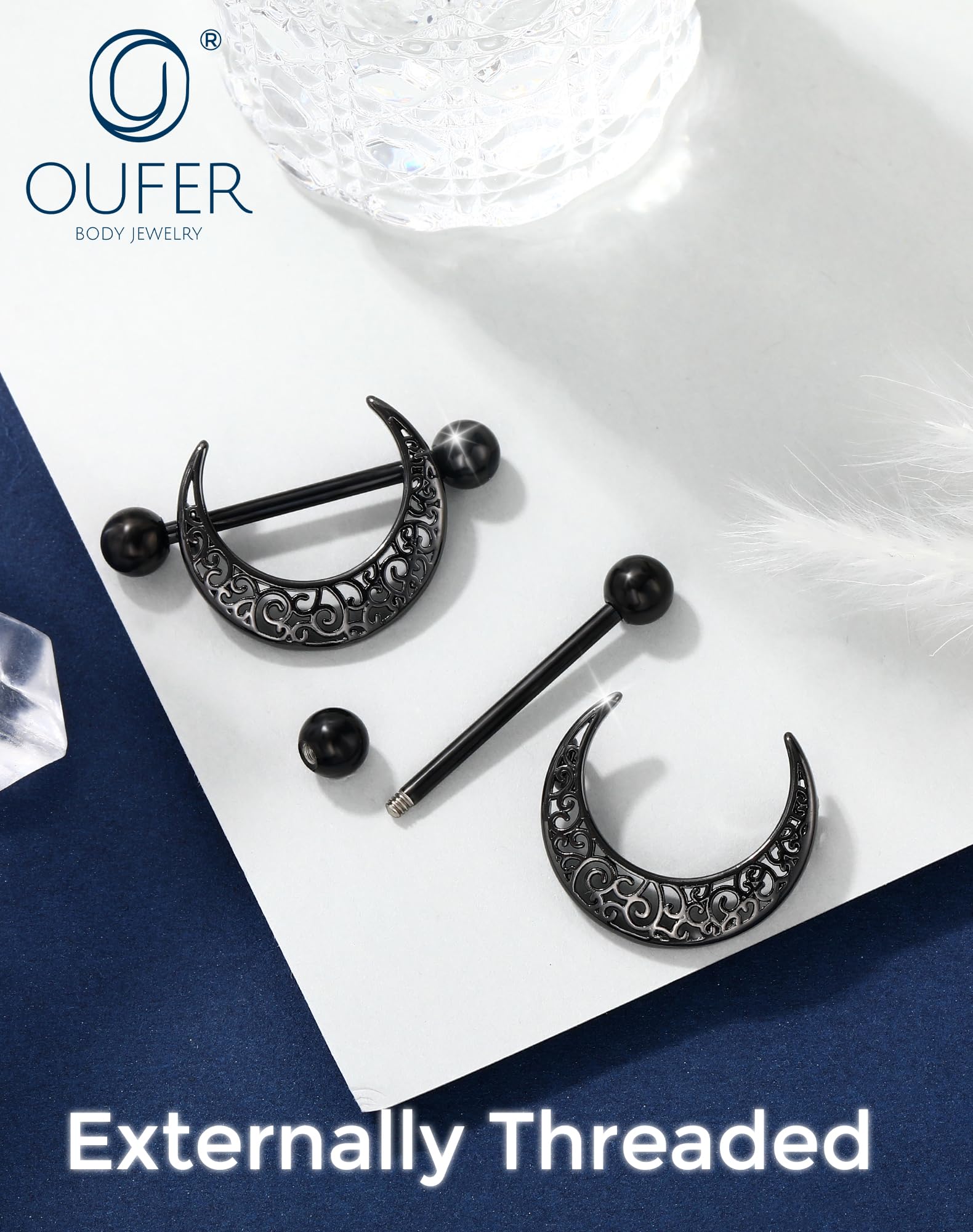 OUFER 2 Pièces Piercing Téton Lune Noire 14G, Anneaux de Mamelon en Acier Chirurgical 316L à Billes Filetées, 14 mm Bijou de Piercing pour Femmes Élégantes - 5