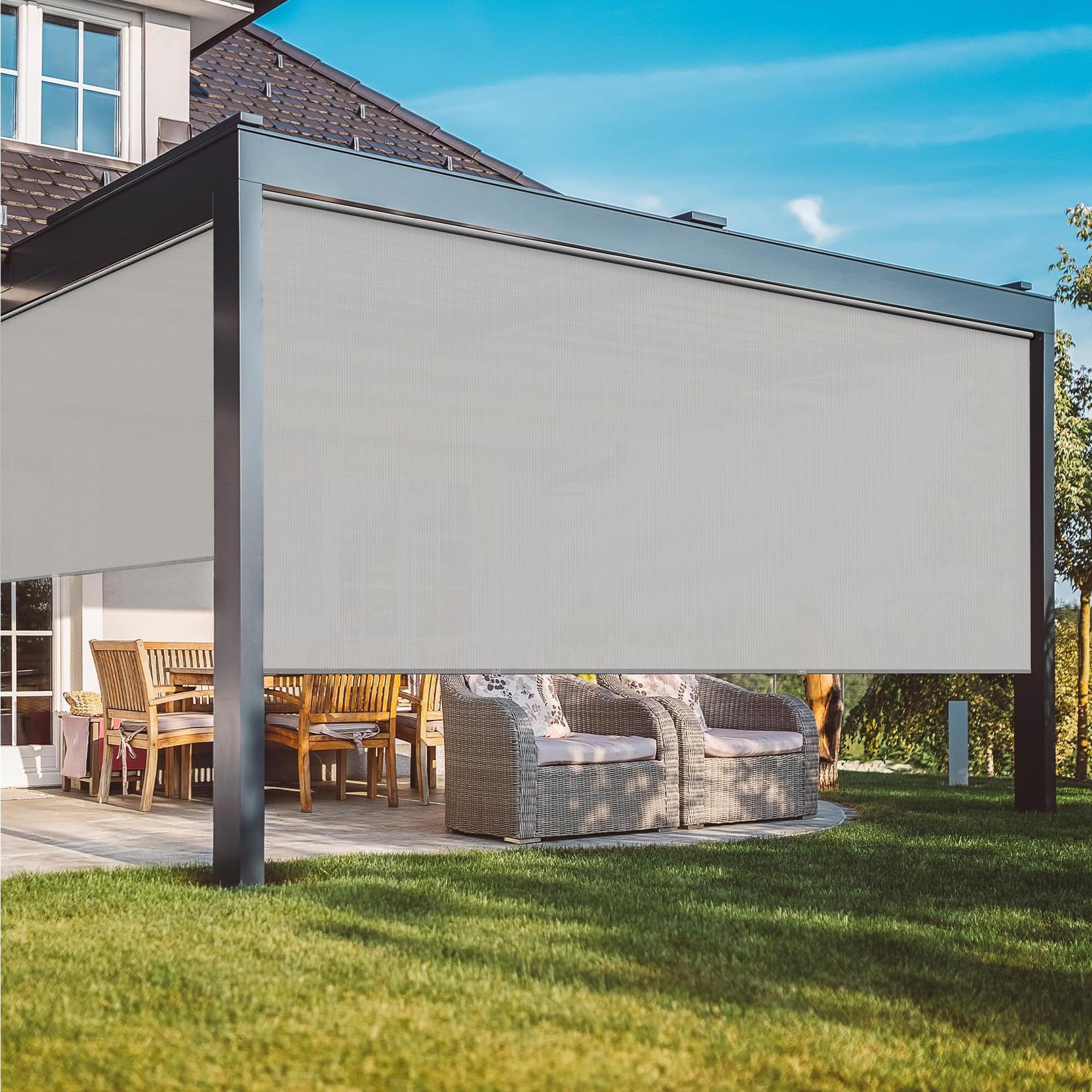 outdoor roller shades for patio with new operation mode (with pull rod-no need crank), upgraded materials patio shades roller up outdoor with 95% uv protection, outdoor blinds for patio proch