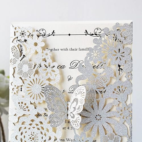 Miniatura 7 de Hosmsua 5 x 7.3 pulgadas, 50 tarjetas plateadas de invitación de quinceañera de mariposa cortada con láser, invitaciones de boda con sobres para